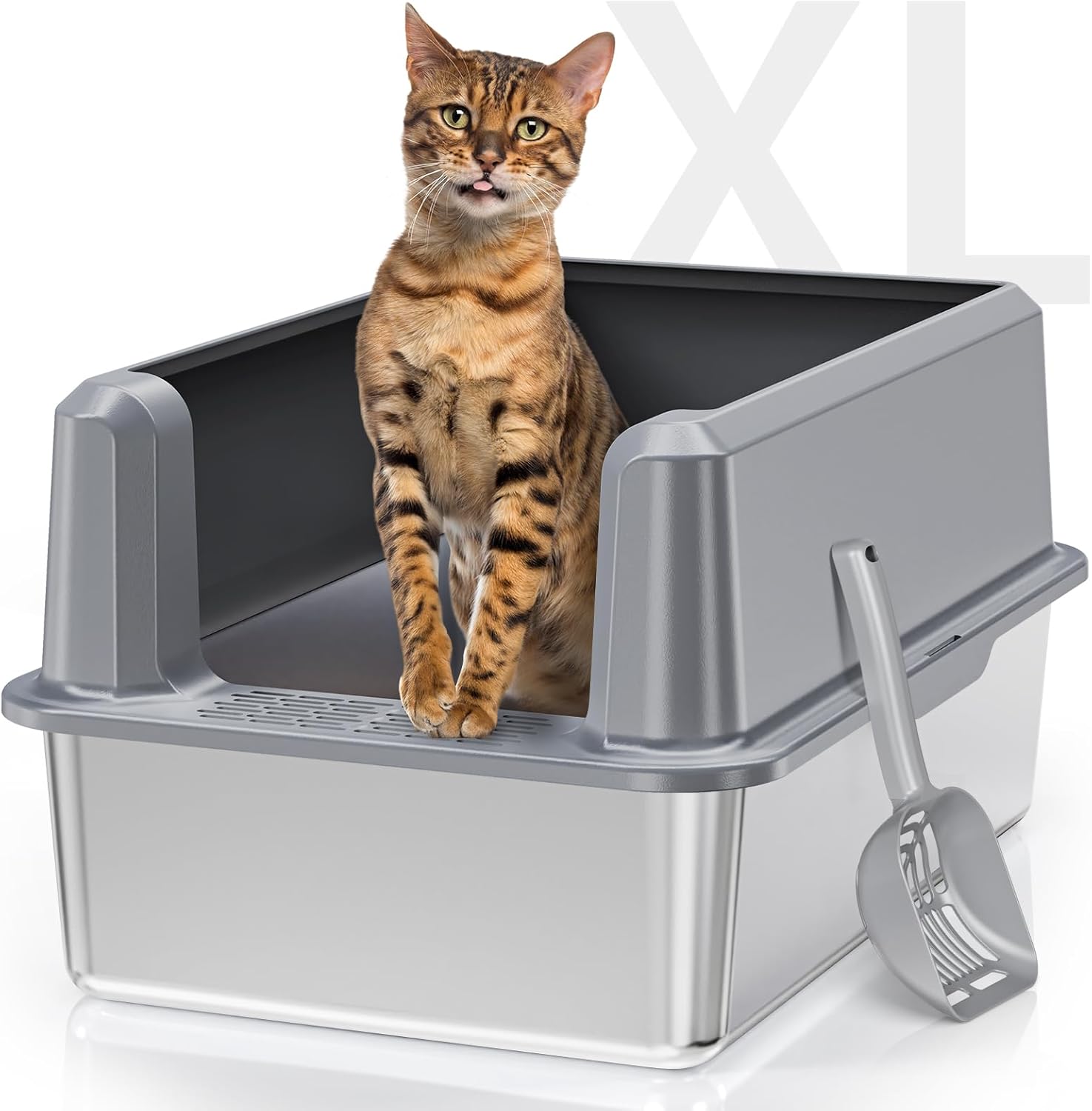 Enclosed Stainless Steel Cat Litter Box with Lid, Odorless XL Metal Litter Box f...