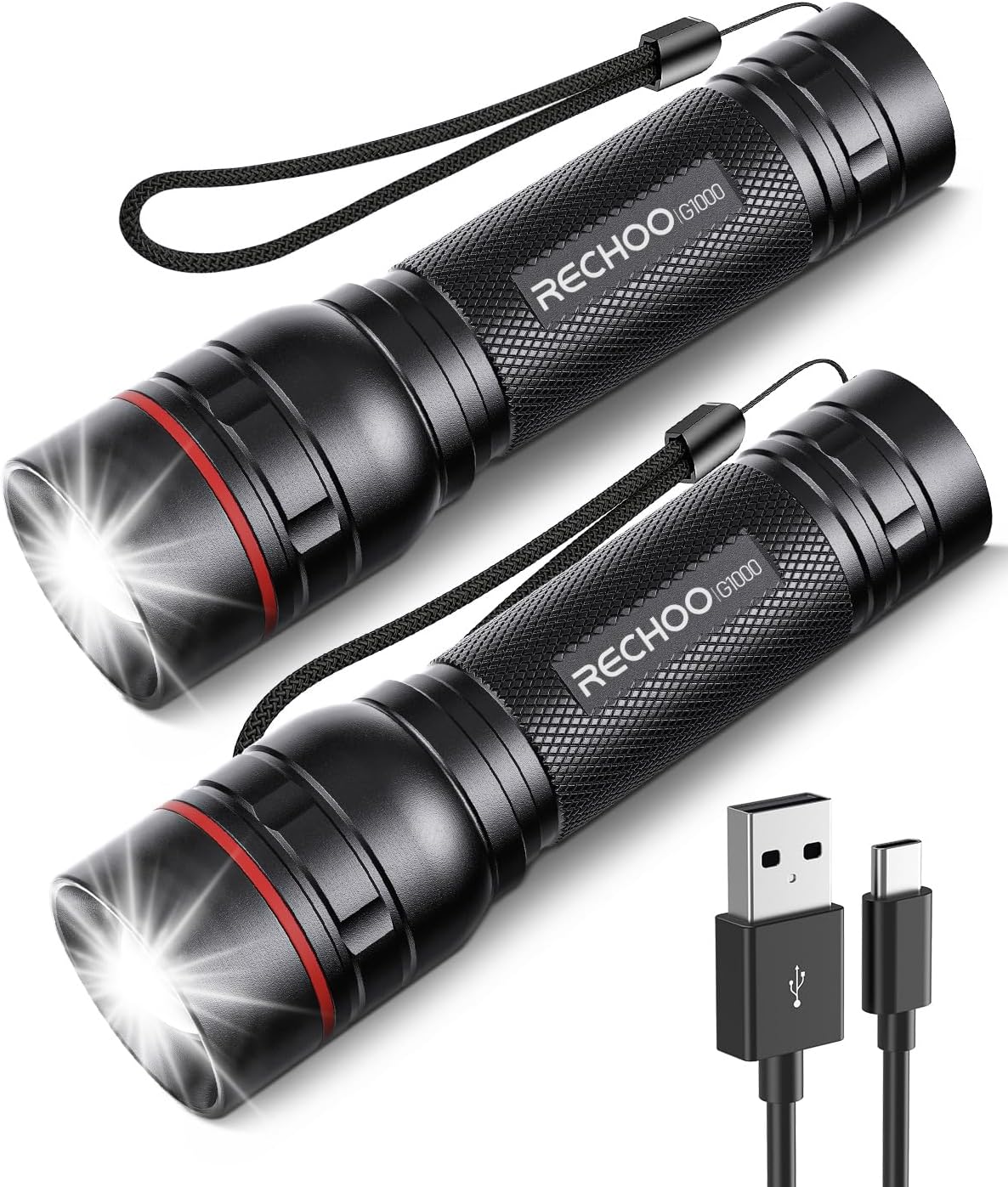 RECHOO Rechargeable Flashlights High Lumens, 2 Pack G1000 Super Bright Flash Lig...
