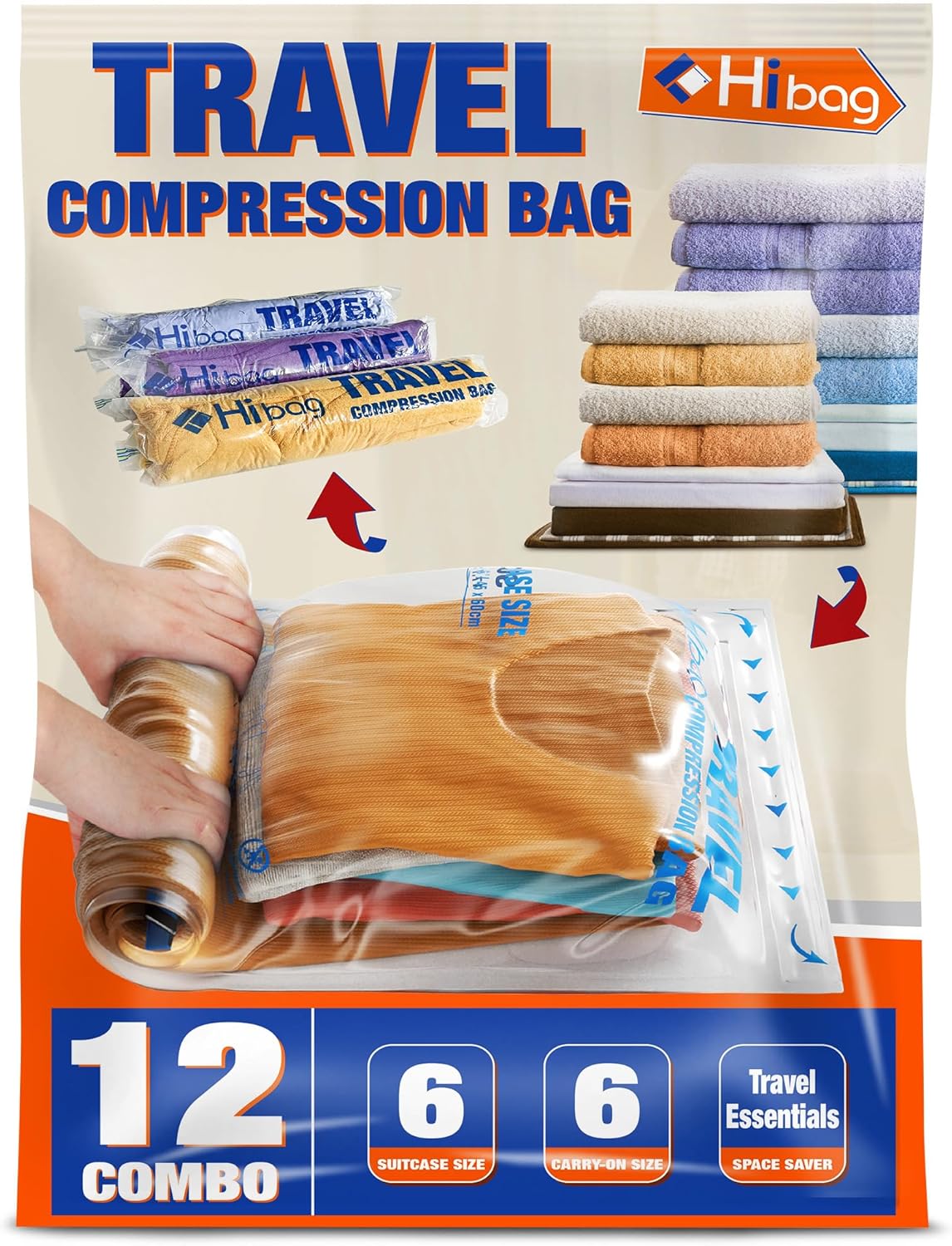 HIBAG 12 Compression Bags for Travel, Travel Essentials Compression Bags, Vacuum...