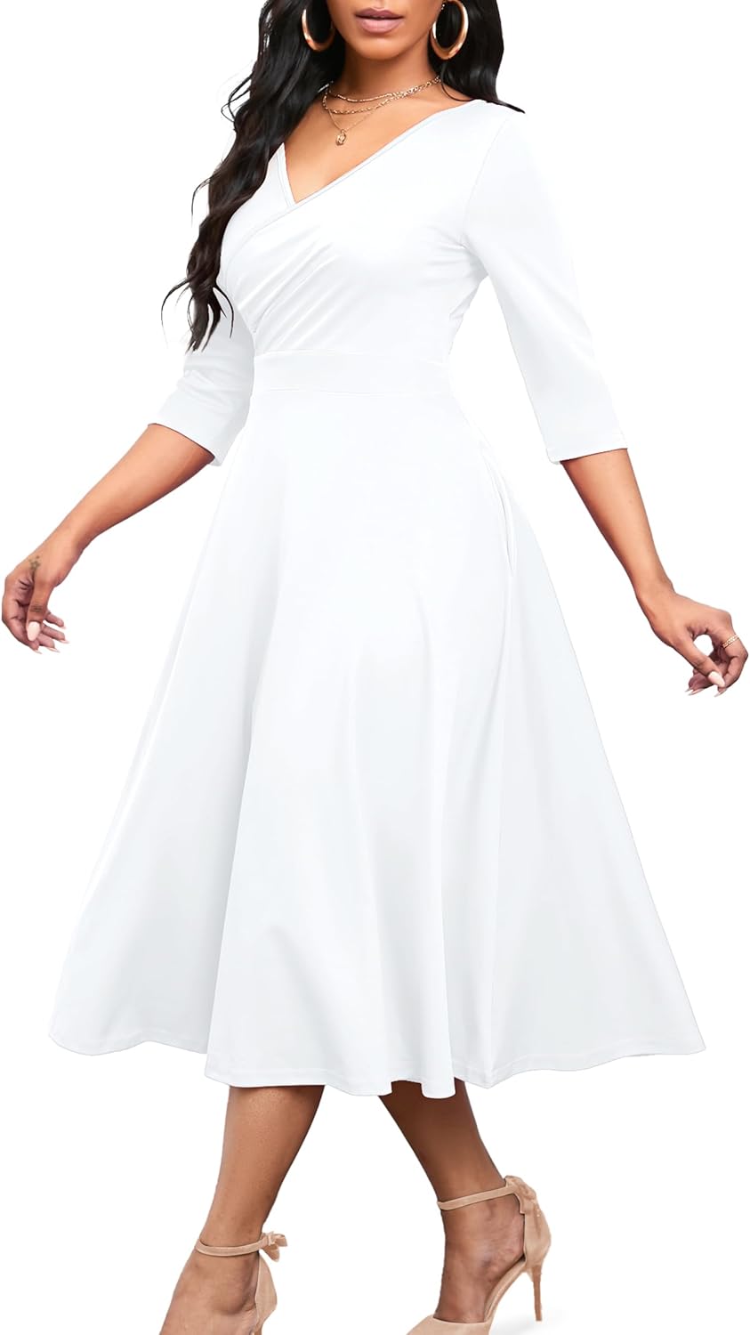 Nmoder Women's Casual Wrap Flared Midi Dress Wedding Guest Cocktail Tea Dresses...