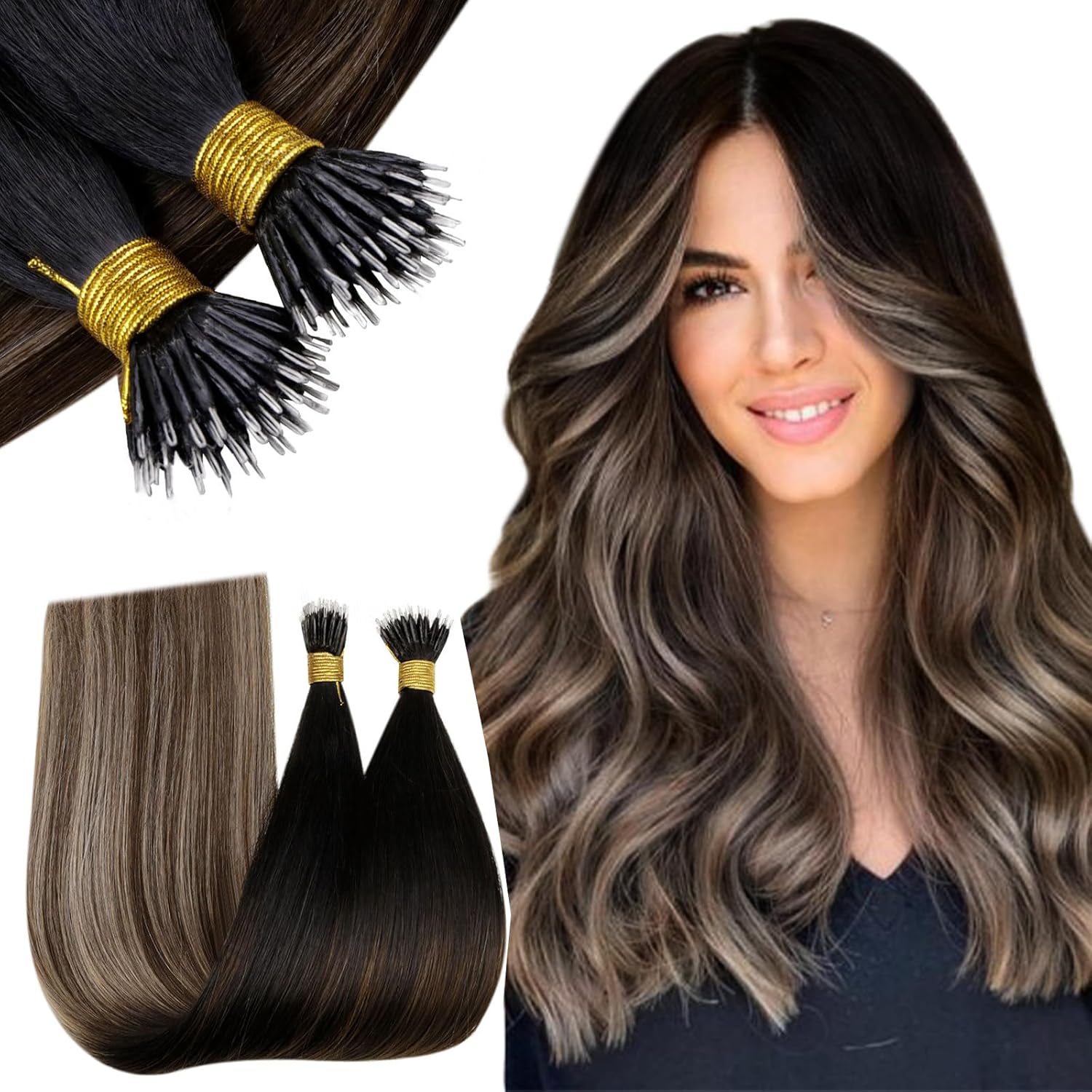 RUNATURE Nano Hair Extensions Brown Ombre Nano Ring Hair Extensions Brown Balaya...