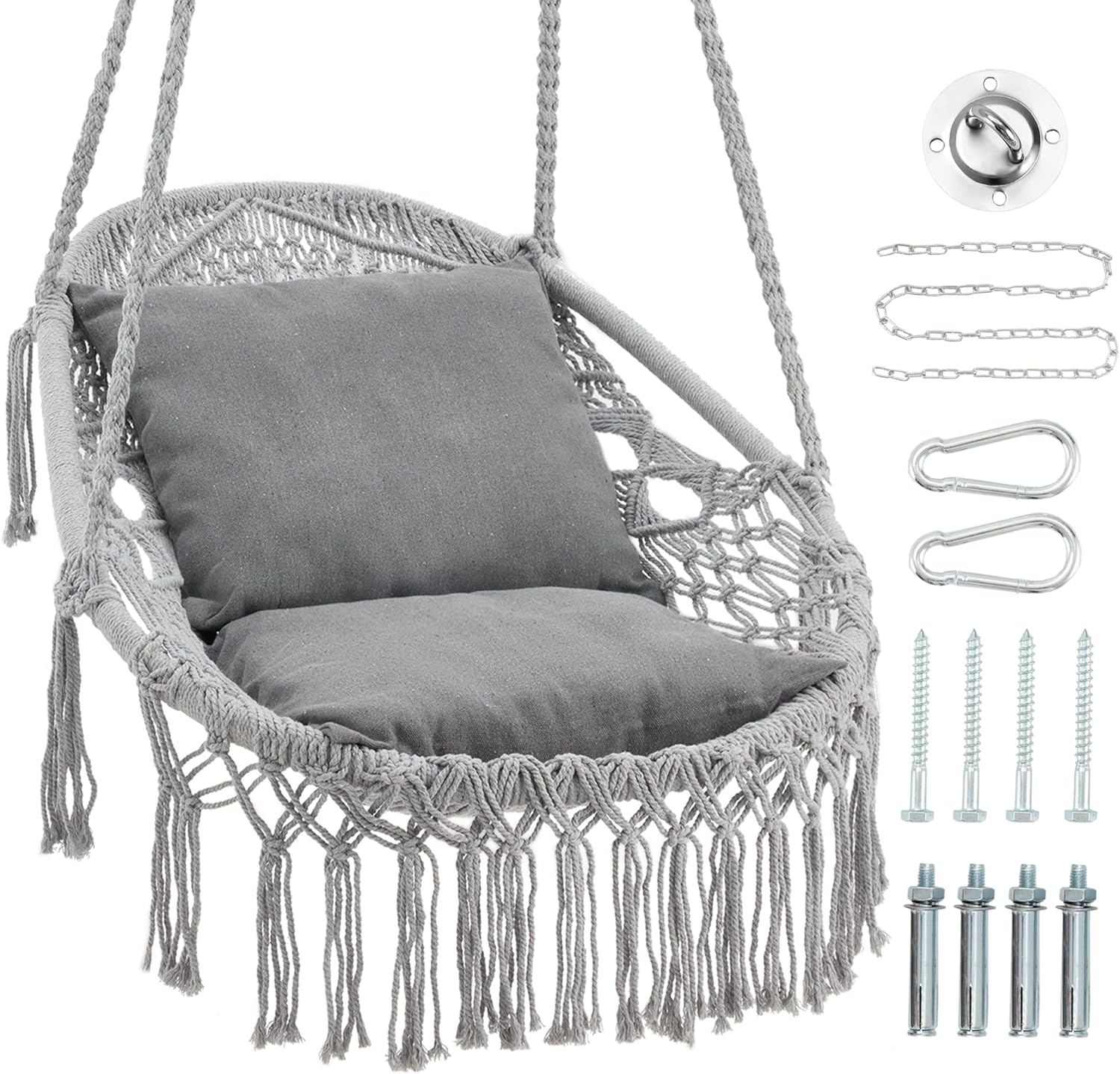 Hammock Chair Hanging Rope Swing, Hanging Chair Max 330Lbs,2 Cushions Included M...