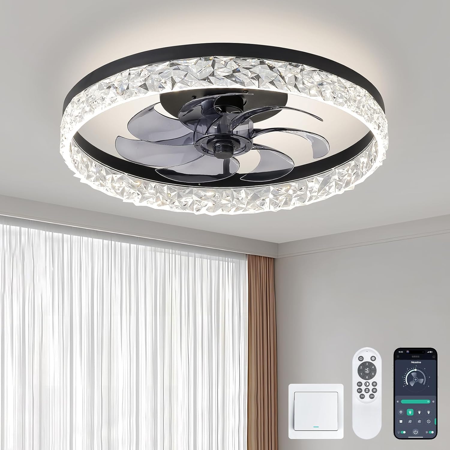 Flush Mount Black Ceiling Fans with Lights Low Profile and Remote 20 Inch Smart...
