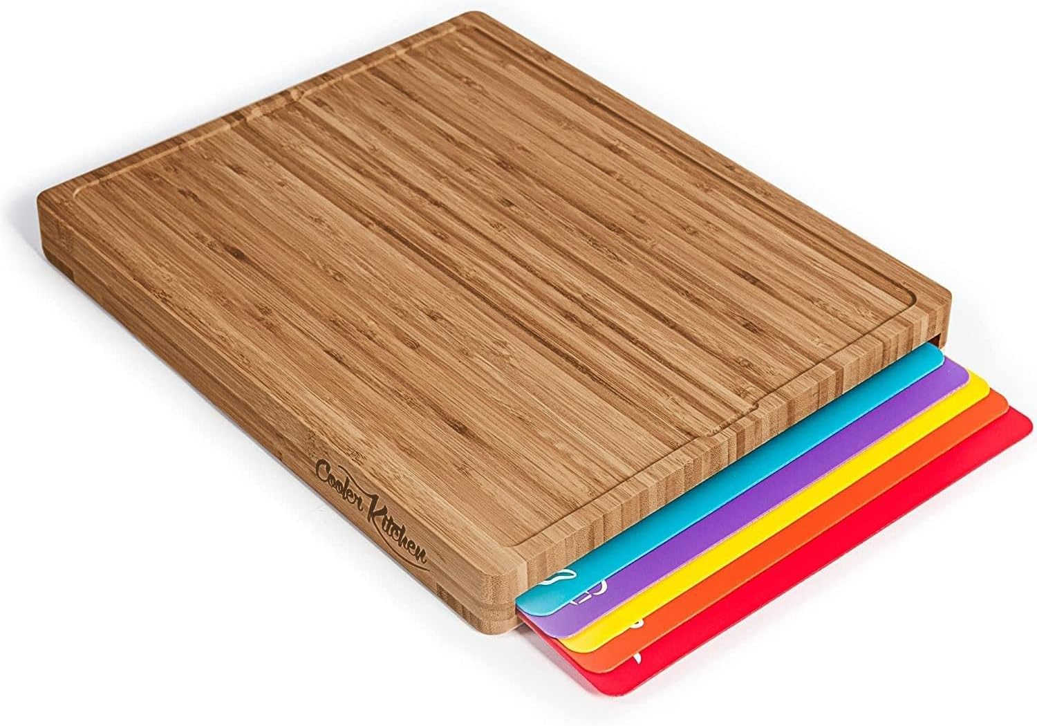 Cutting Board Set - Easy-to-Clean Bamboo Wood Board with 6 Color-Coded Flexible...