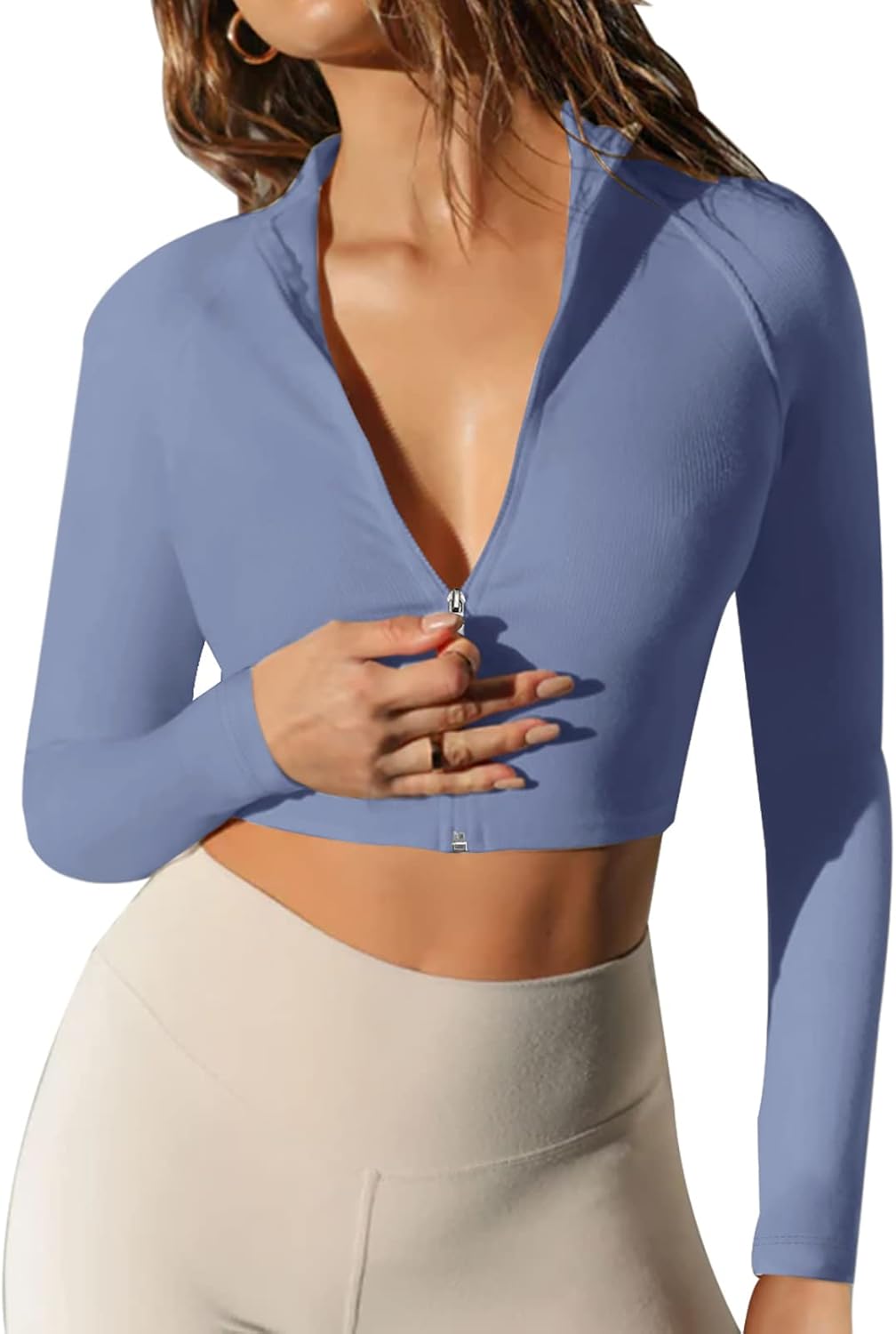 LASLULU Womens Zipper Workout Top Seamless Long Sleeve Ribbed Yoga Athletic Shir...