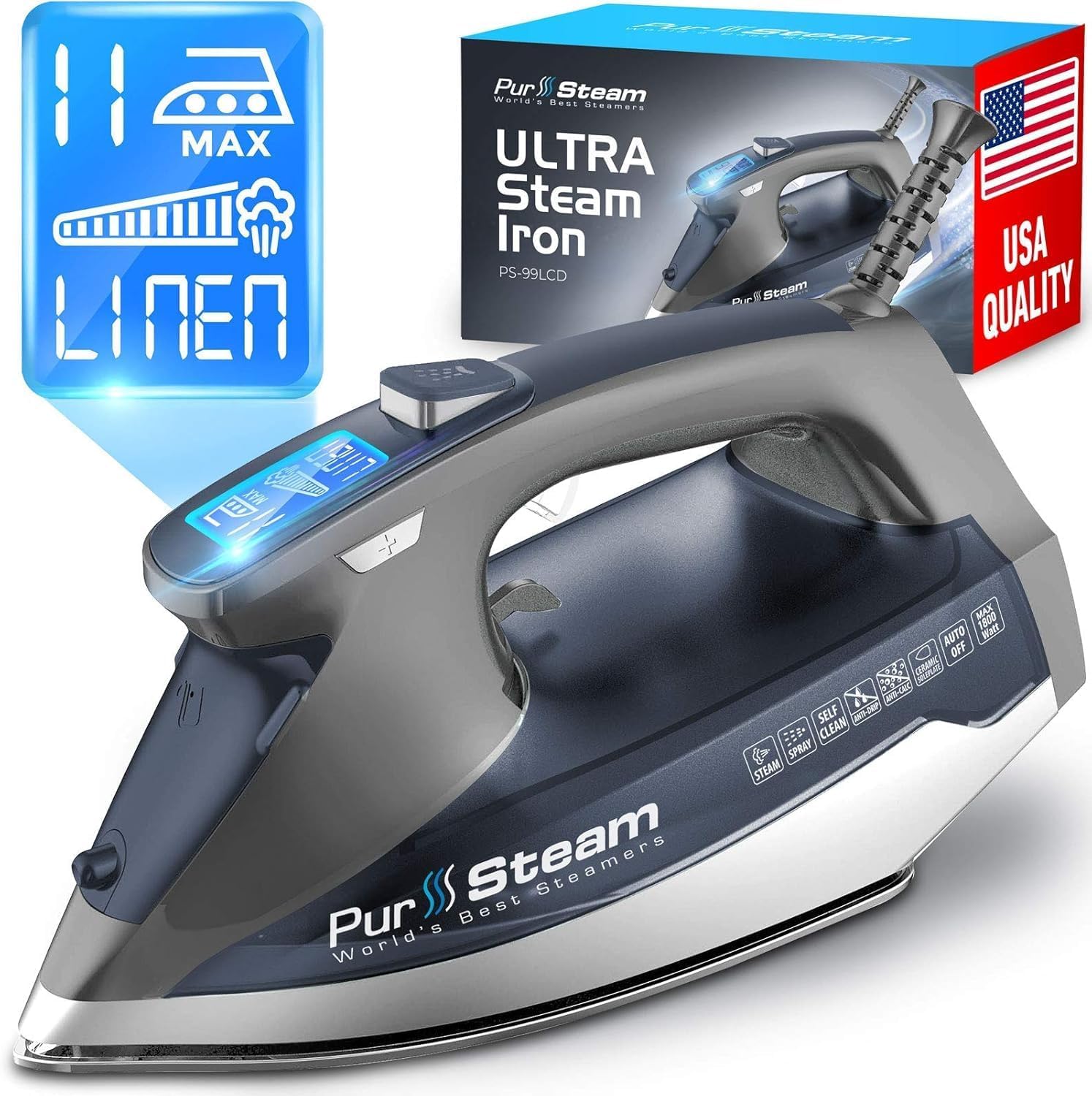 PurSteam Steam Iron for Clothes 1800W with LCD Screen, Nonstick Ceramic Soleplat...
