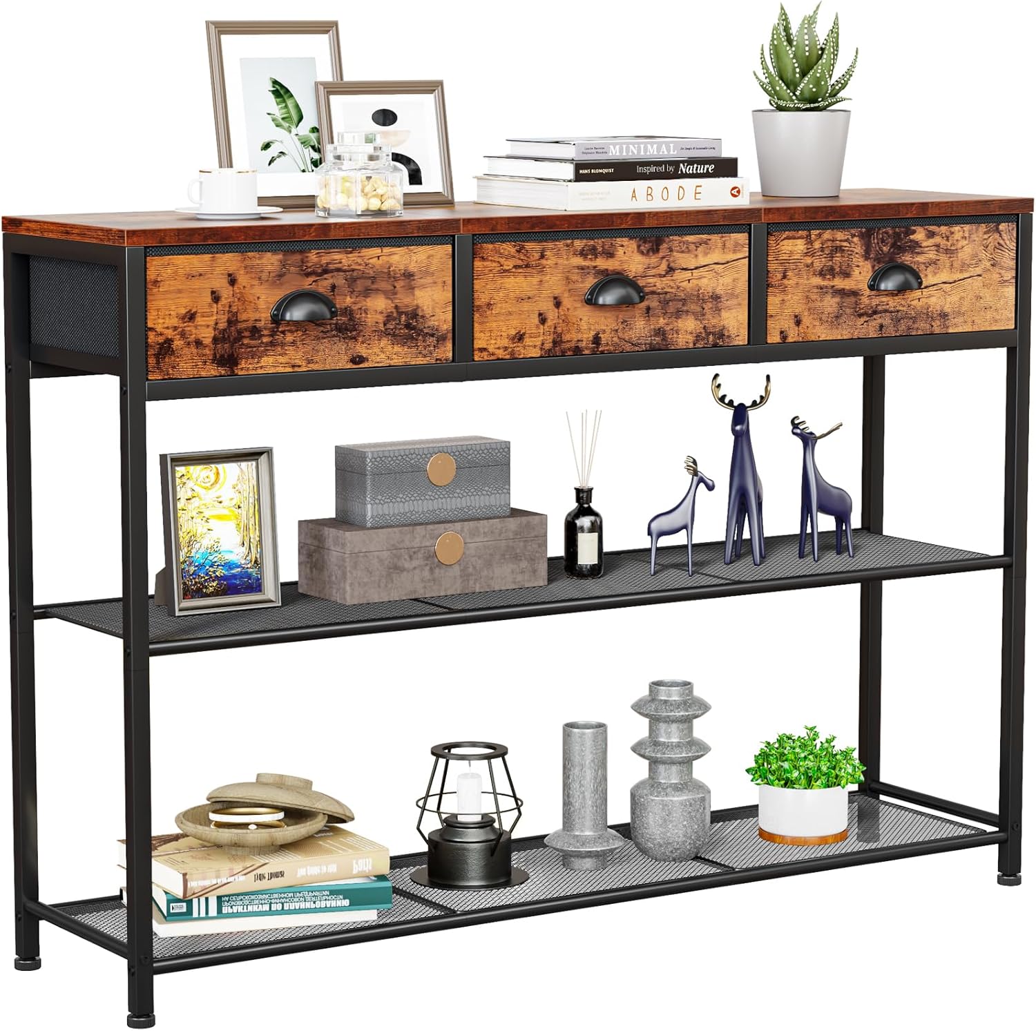 Furologee Entryway Table, 38'' Console Sofa Table with 3 Fabric Drawers, Industr...