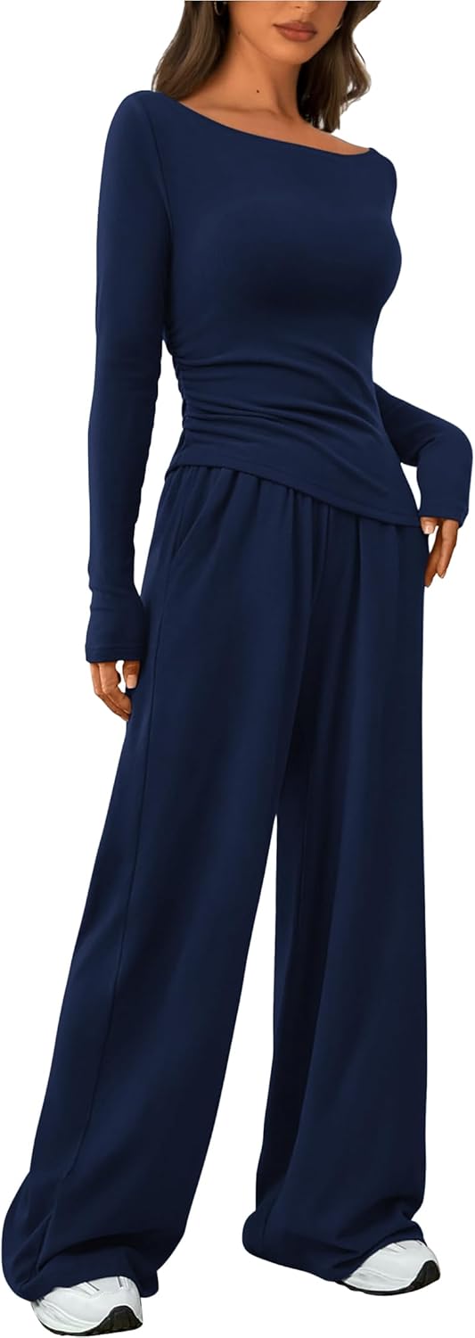 Women's Fall Two Piece Outfits Asymmetrical Long Sleeve T Shirt Wide Leg Pants L...