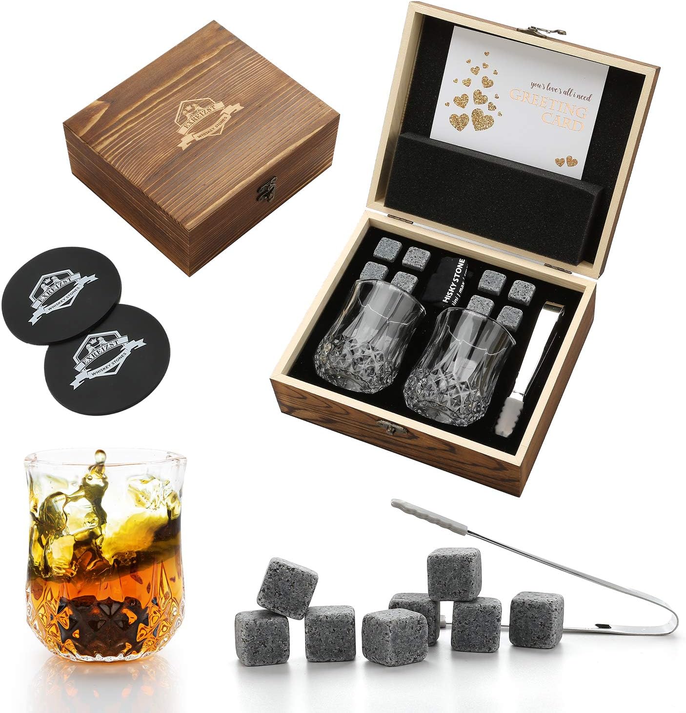 Whisky Stones Gift Set | Set of 8 Reusable Chilling Whisky Rocks with Ice Clip,W...