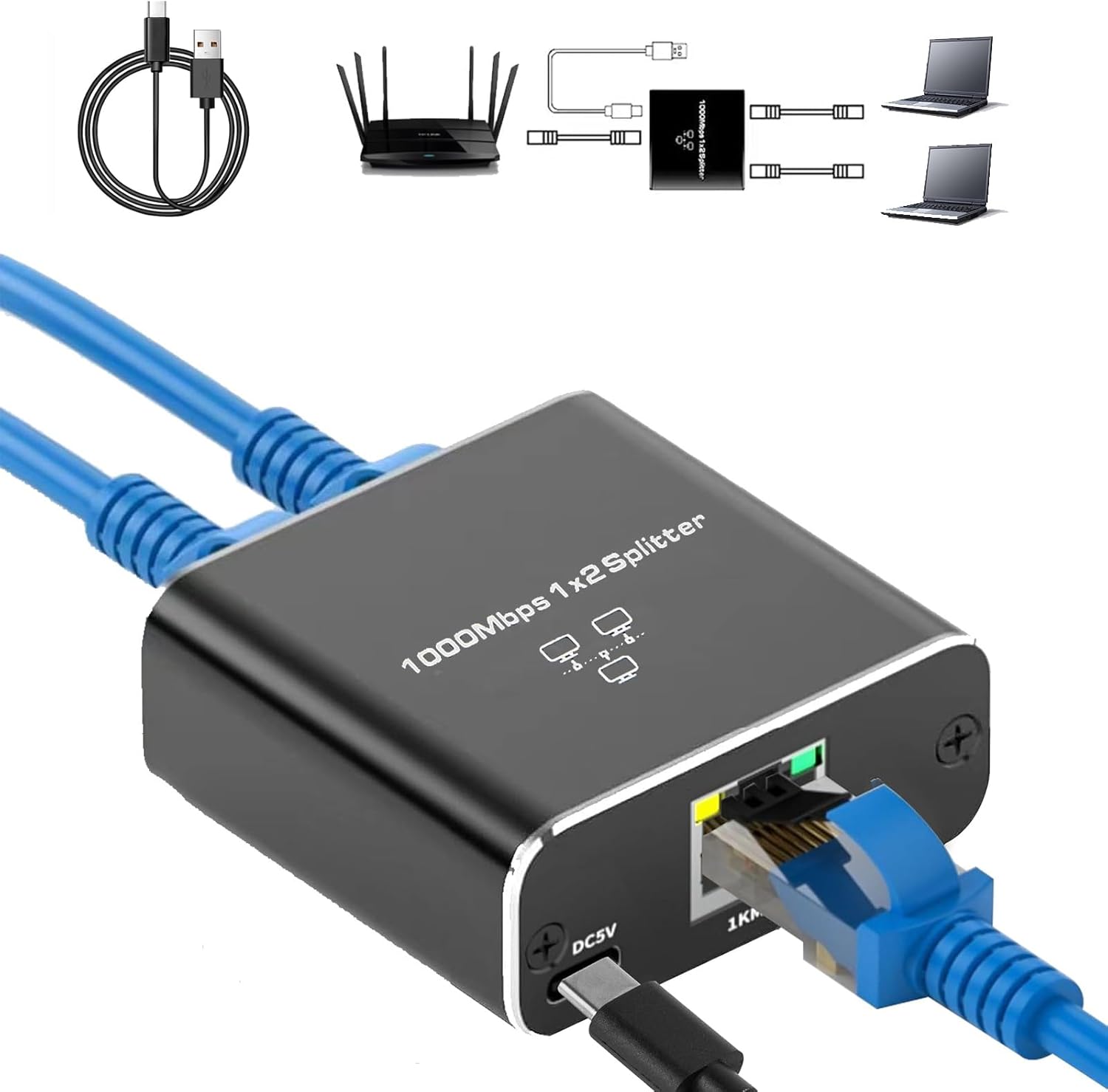 Gigabit Ethernet Splitter 1 to 2 High Speed, 1000Mbps Internet Splitter 1 in 2 o...
