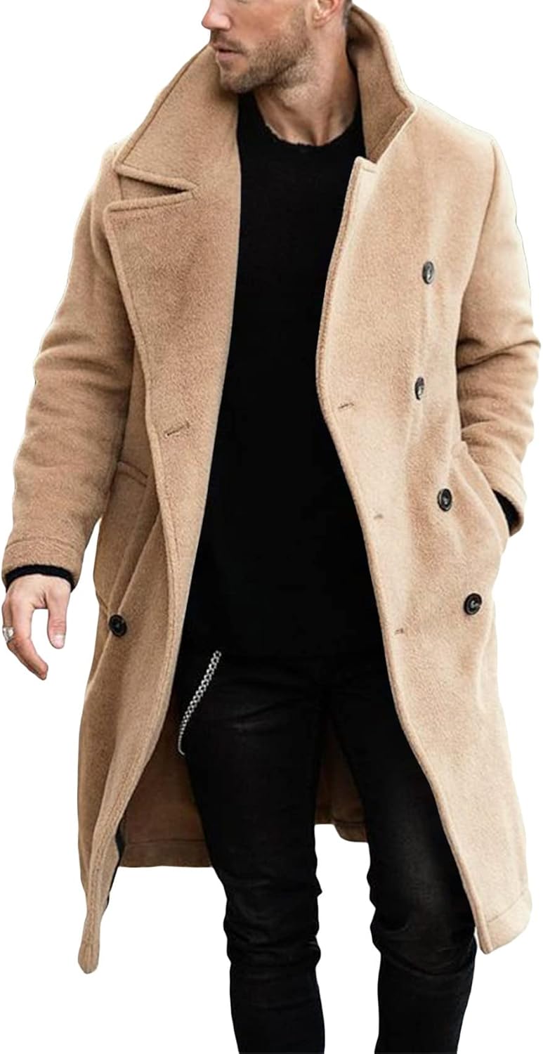 Makkrom Mens Double Breasted Trench Coat Casual Lapel Collar Business Winter Lon...