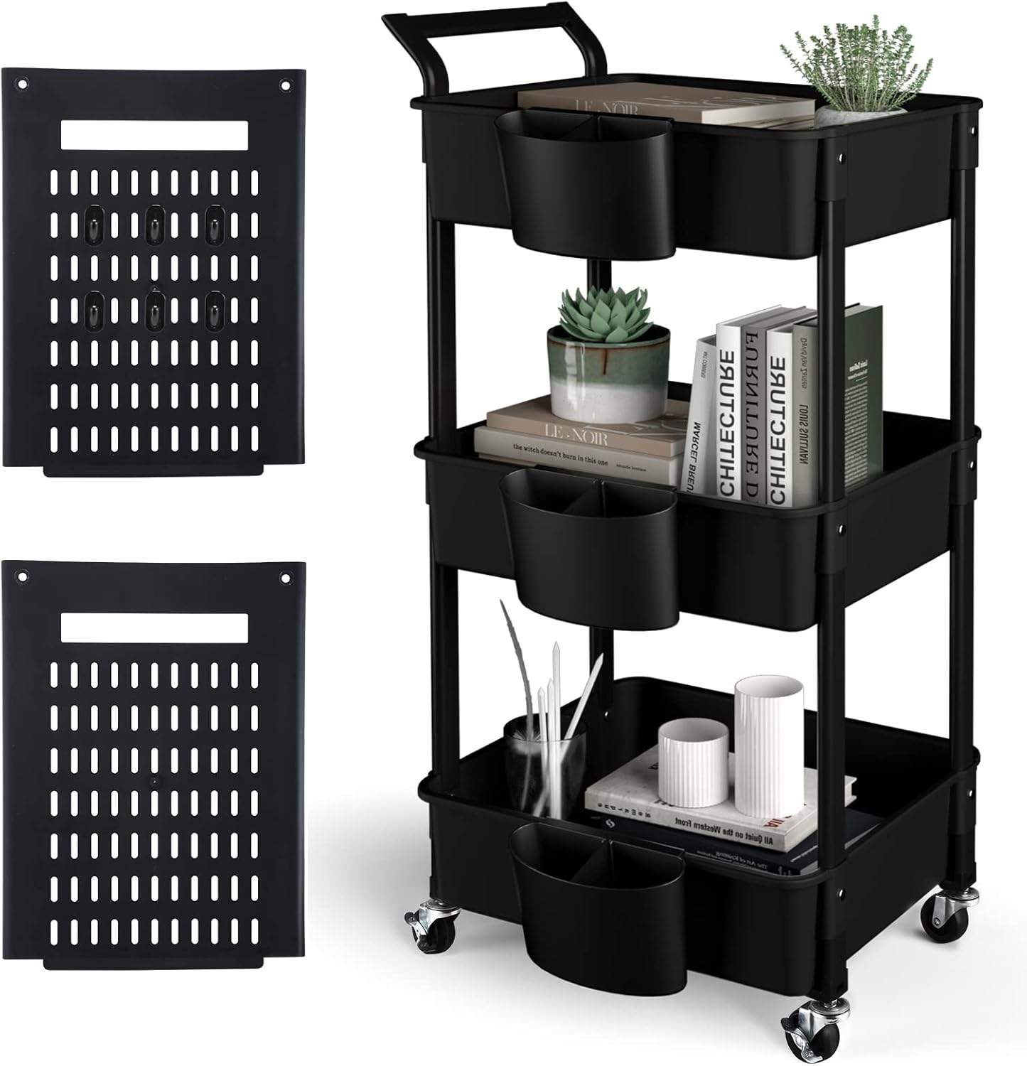 Hamone 3-Tier Utility Rolling Cart, Mobile Utility Storage Cart with DIY Dual Pe...
