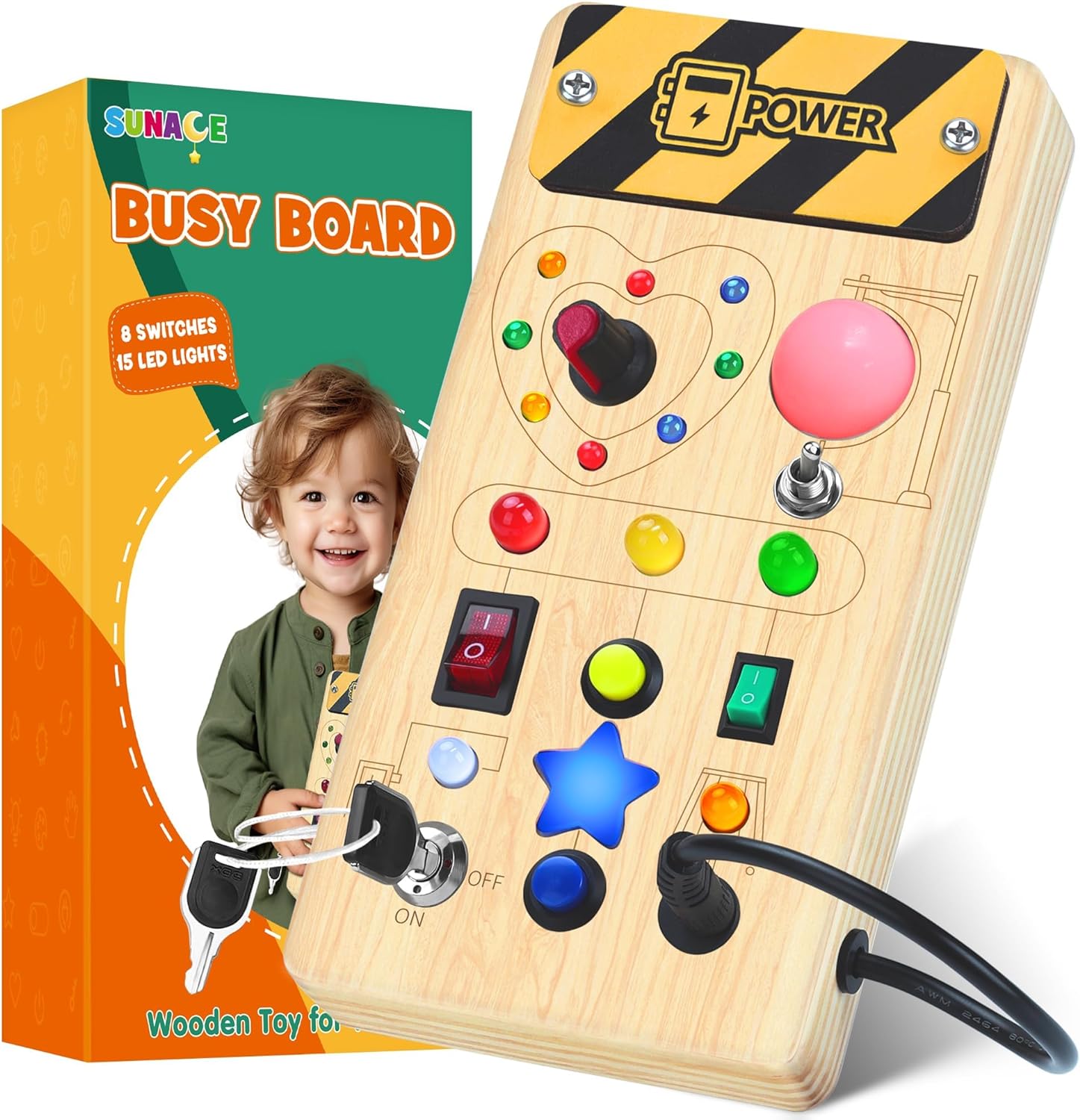 SUNACE Montessori Busy Board - Wooden Busy Board for Toddlers with 8 Switches 15...