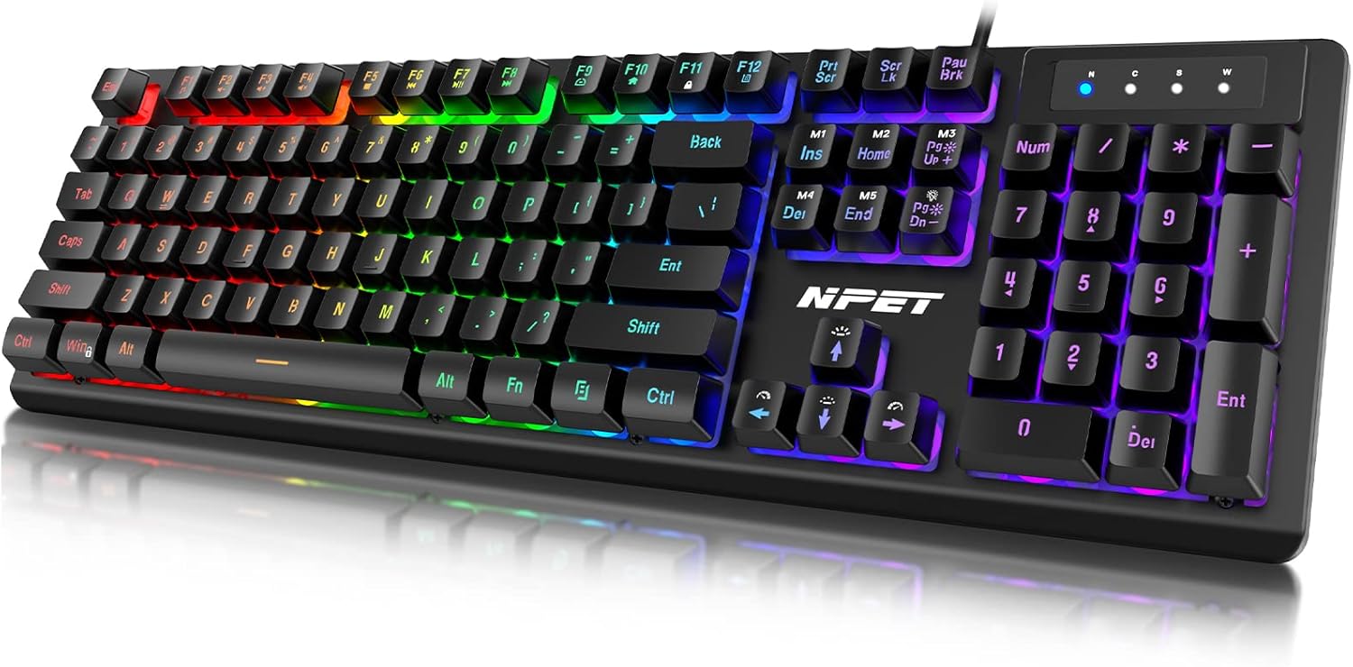 NPET K10V3PRO Gaming Keyboard, RGB Backlit Keys, Spill-Resistant, Customizable K...
