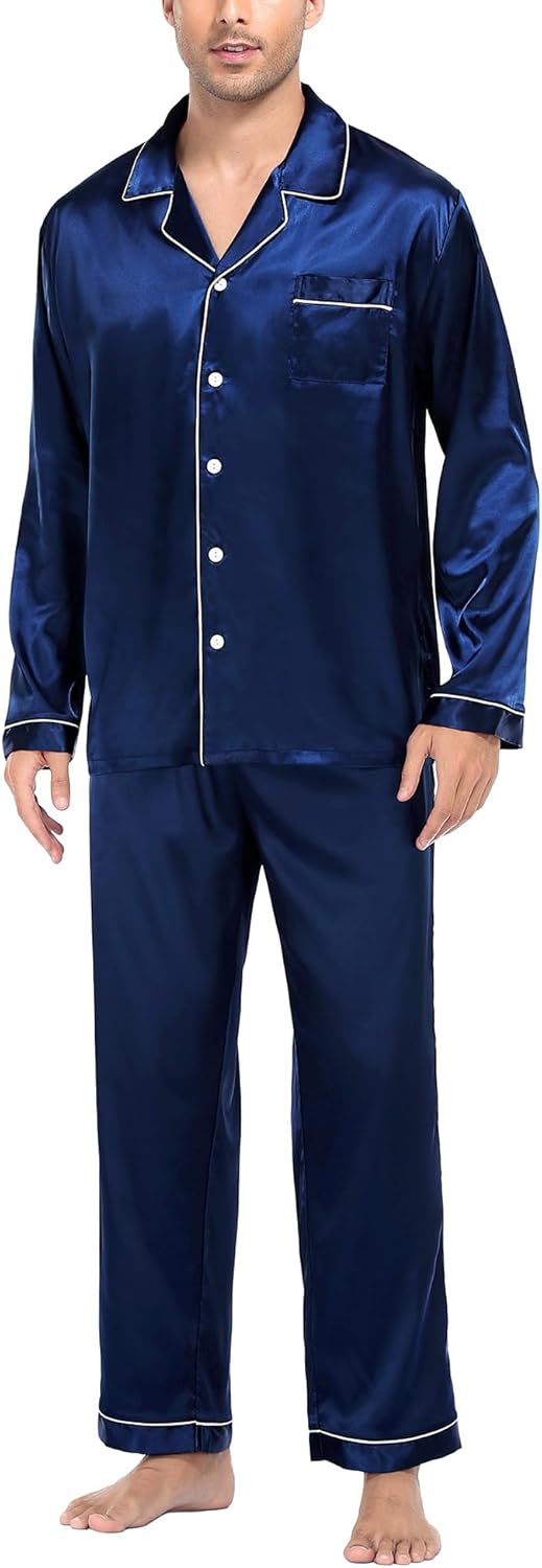 SWOMOG Mens Satin Pyjamas Set Long Sleeve Button Down Sleepwear Silk Pyjama Set...