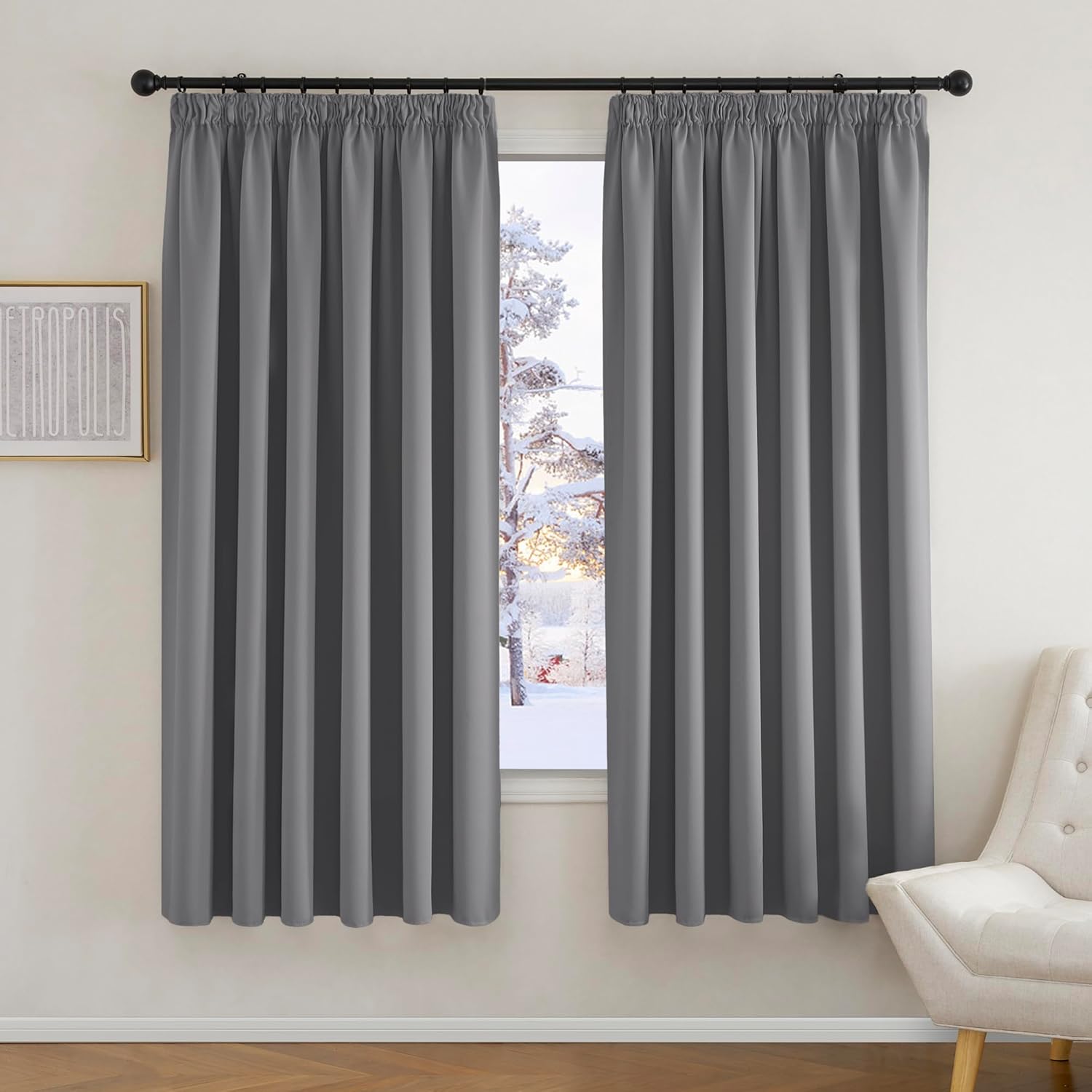 PONY DANCE Grey Blackout Curtains for Living Room Pencil Pleat Thermal Insulated...