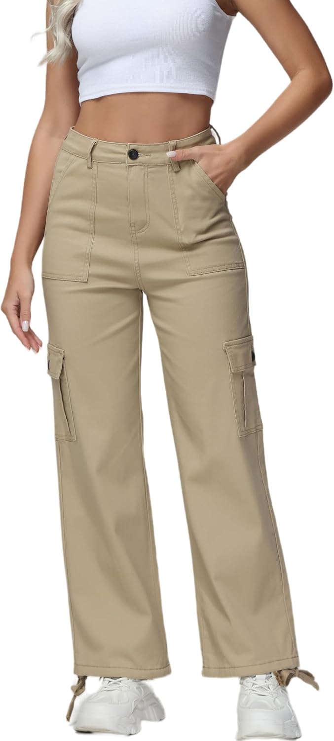 GUNLIRE Cargo Pants Women High Waist Baggy with 6 Pockets Y2K Wide Leg Stretch S...