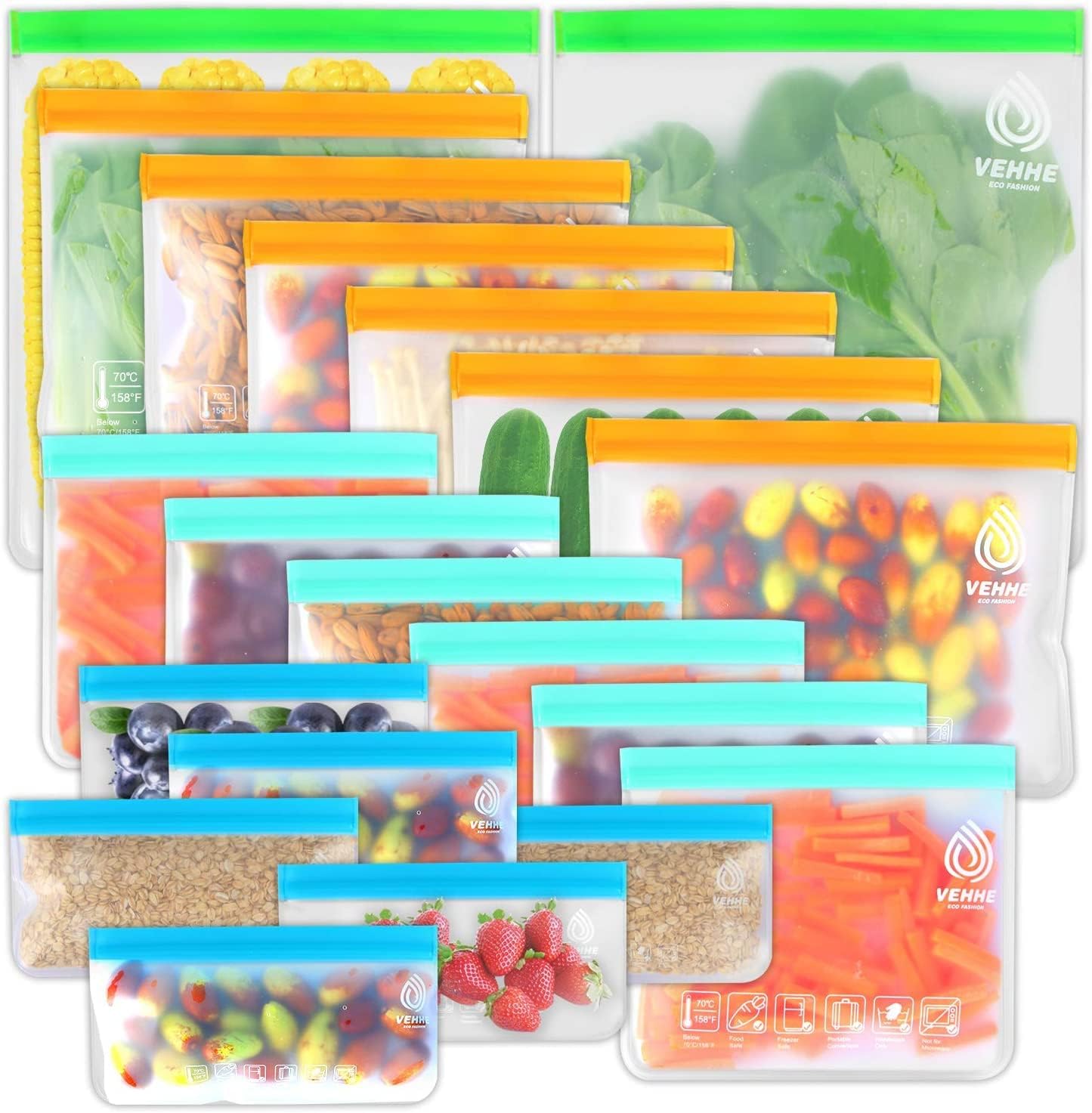 VEHHE 20 Pack Reusable Food Storage Bags (2 Gallon Reusable Freezer Bags + 6 Reu...