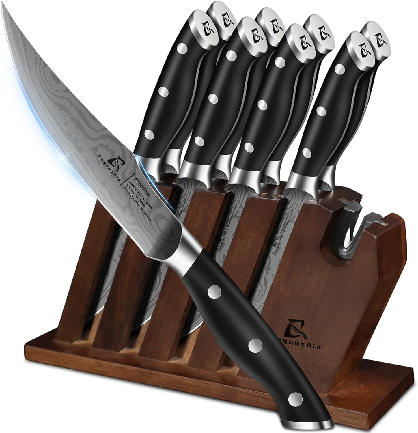Steak Knives Set of 8 with Block Built-in Sharpener, 4.8 Inch Non Serrated Razor...
