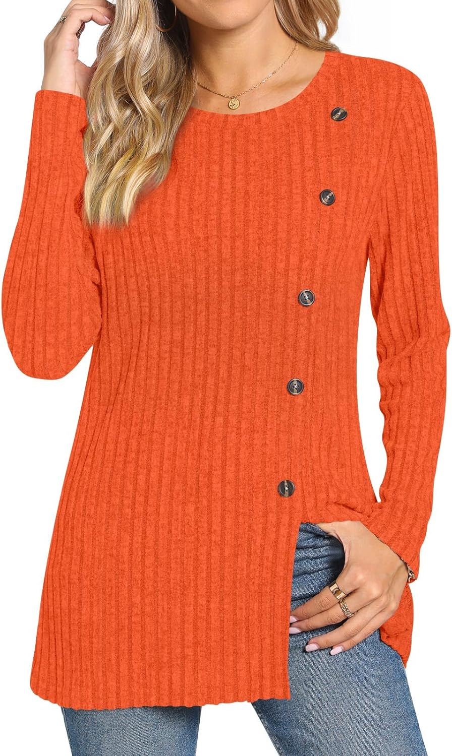 TAOHUADAO Women's Long Sleeve Jumpers Crewneck Tunic Tops with Button Sides Loos...
