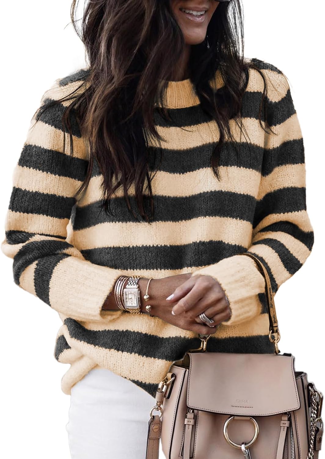 Dokotoo Sweaters for Women 2024 Crewneck Striped Cute Color Block Fall Winter Kn...