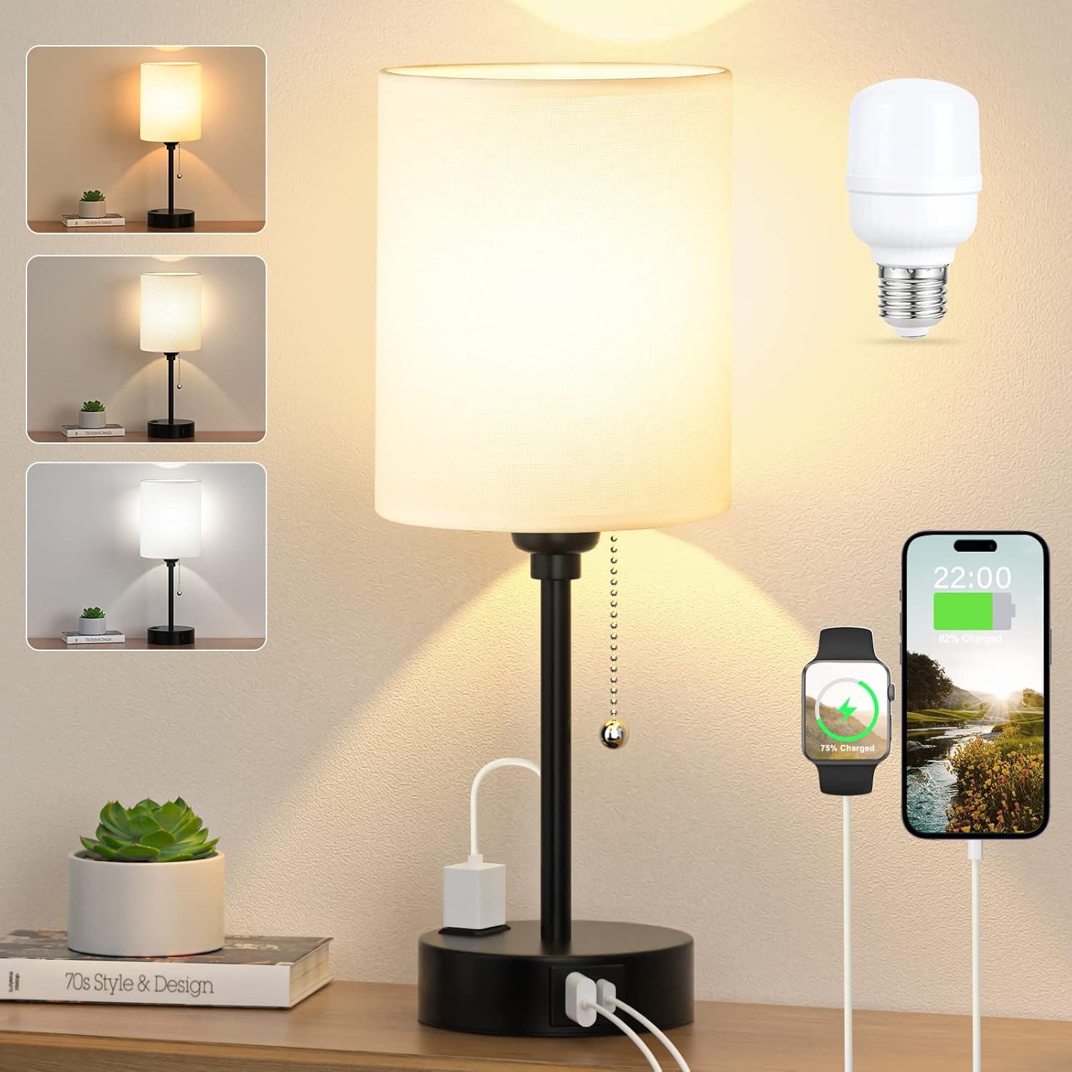 Small Bedside Table lamp for Bedroom - 3 Color Temperatures Bedside Lamps with U...