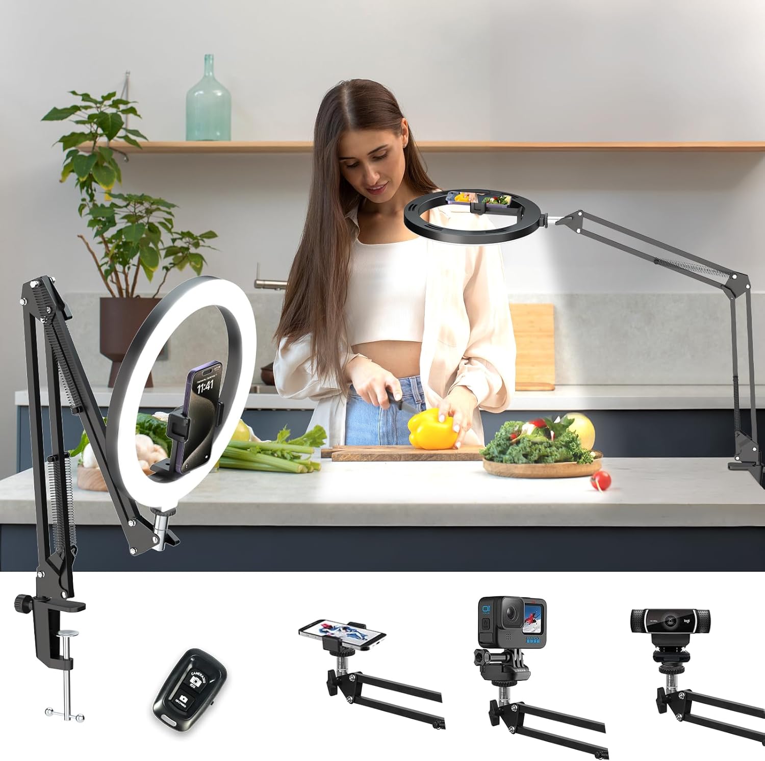 LUXSURE 10" Ring Light with Stand & Phone Holder, Overhead Phone Mount with Ring...