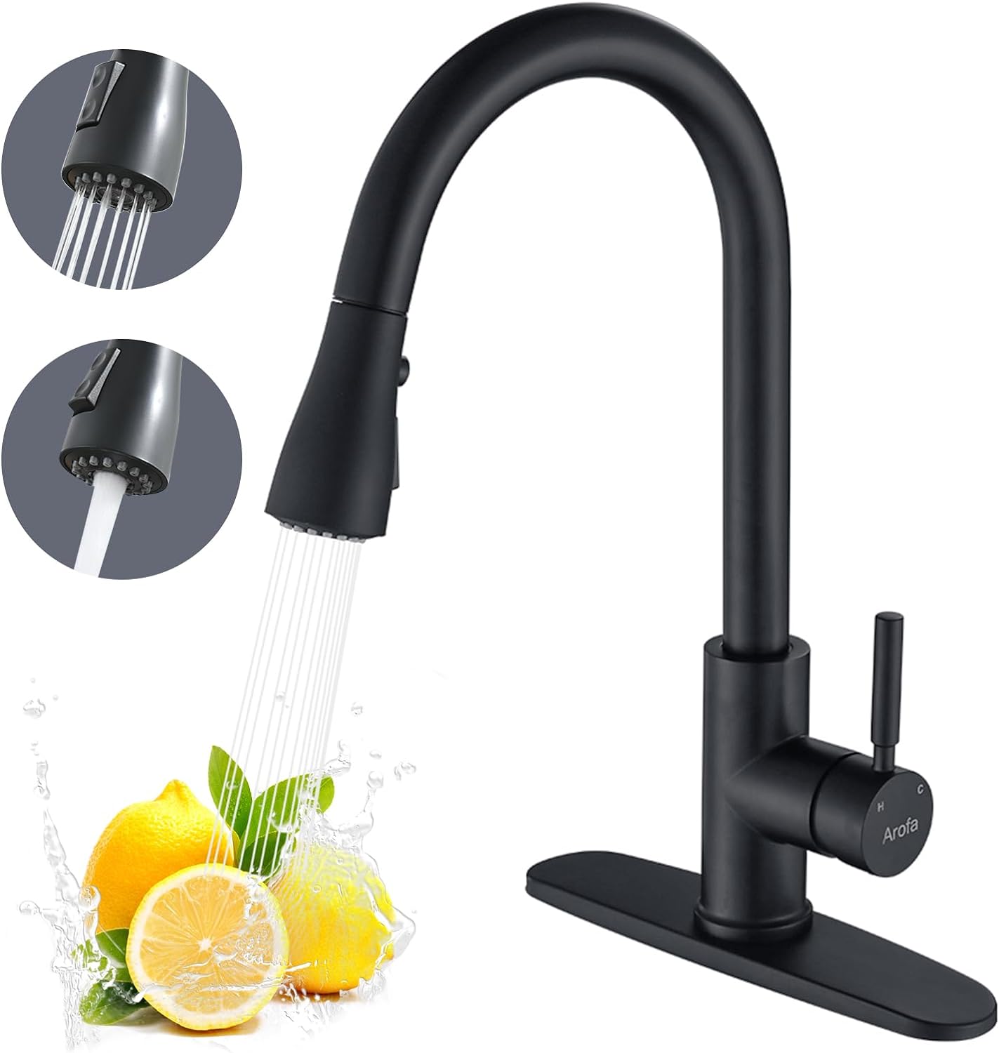 Arofa Matte Black Kitchen Faucet, Kitchen Sink Faucet with Pull Down Sprayer Sin...