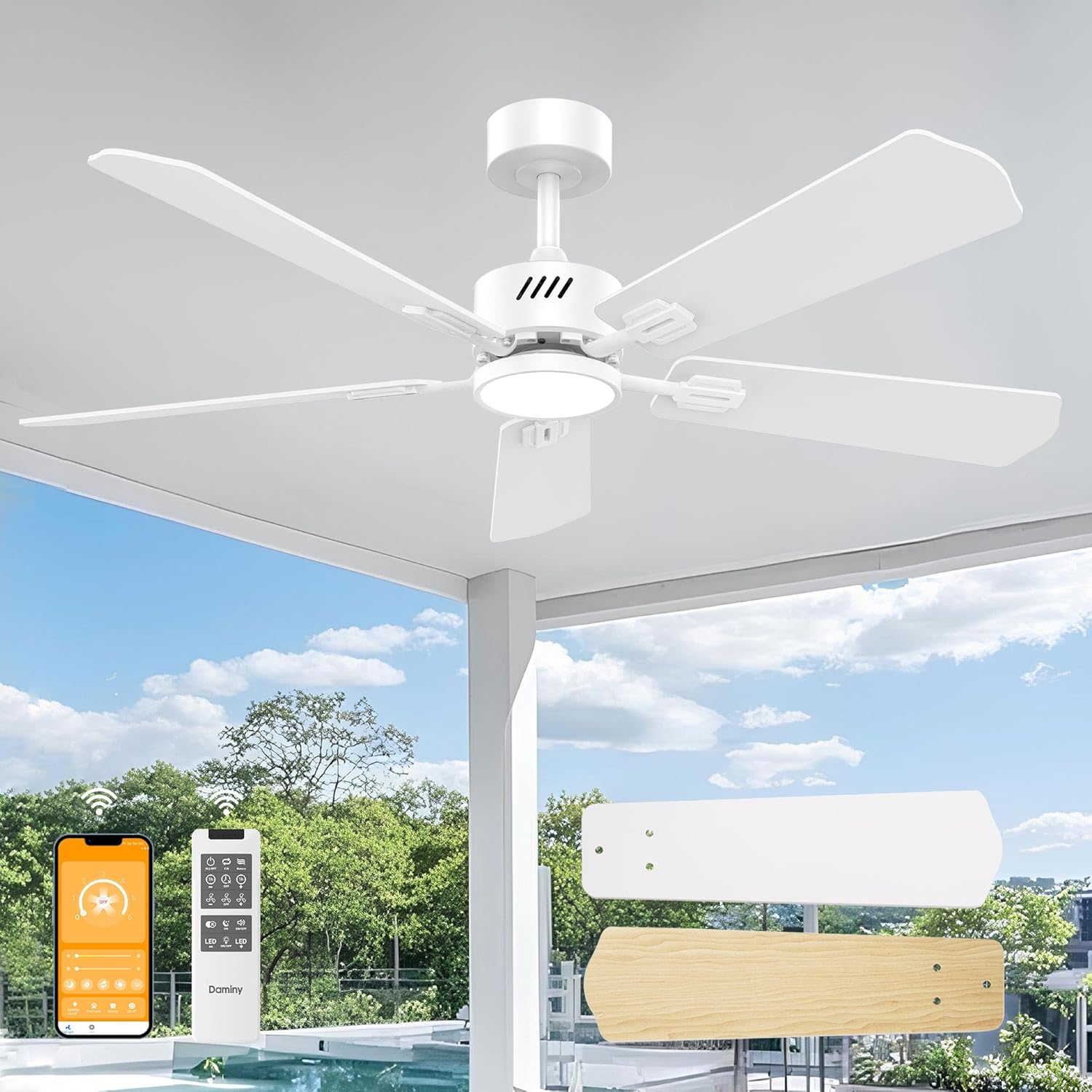 DAMINY 52 inch Ceiling Fan with Light,6CCT,5 Blade Ceiling Fan with Light,Low Pr...