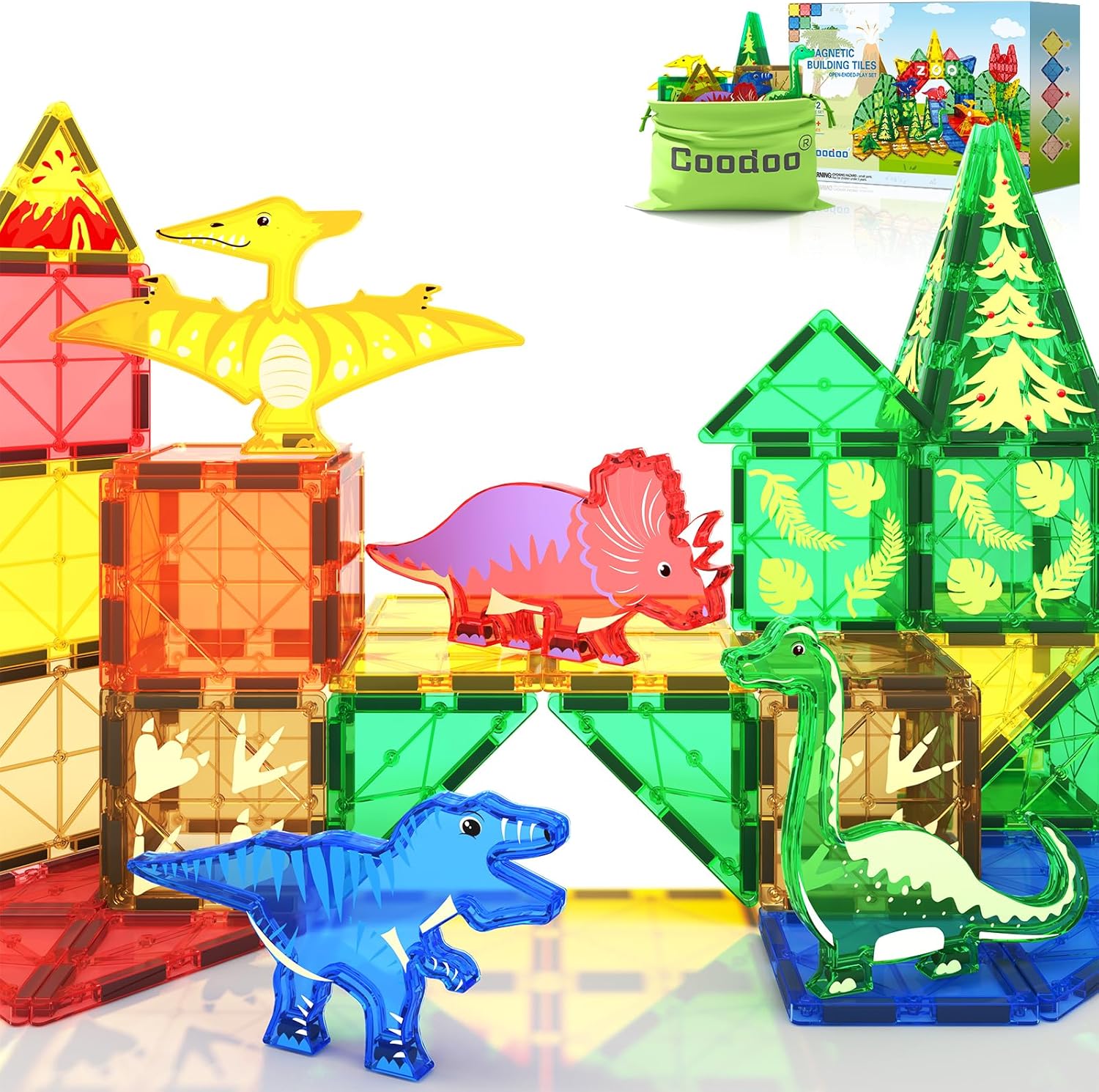 Dinosaur Toys Magnetic Tiles Building Blocks Kids Toys - Dinosaur World STEM Mag...