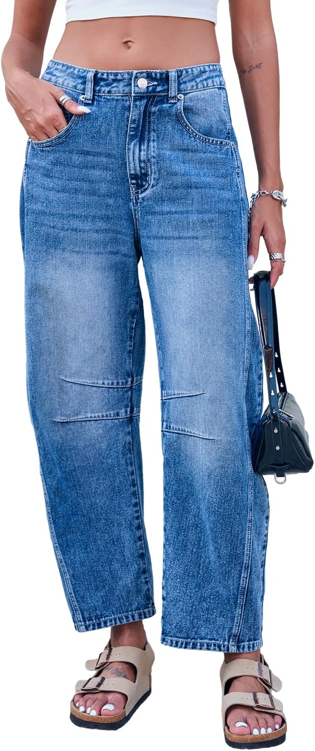 Mid Rise Barrel Jeans for Women Wide Leg Mid Waist Cropped Denim Pants Y2k Baggy...
