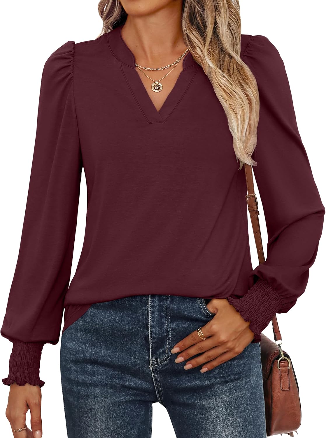 ANRABESS Women's Puff Long Sleeve Shirts V Neck Loose T-Shirts Dressy Casual Wor...