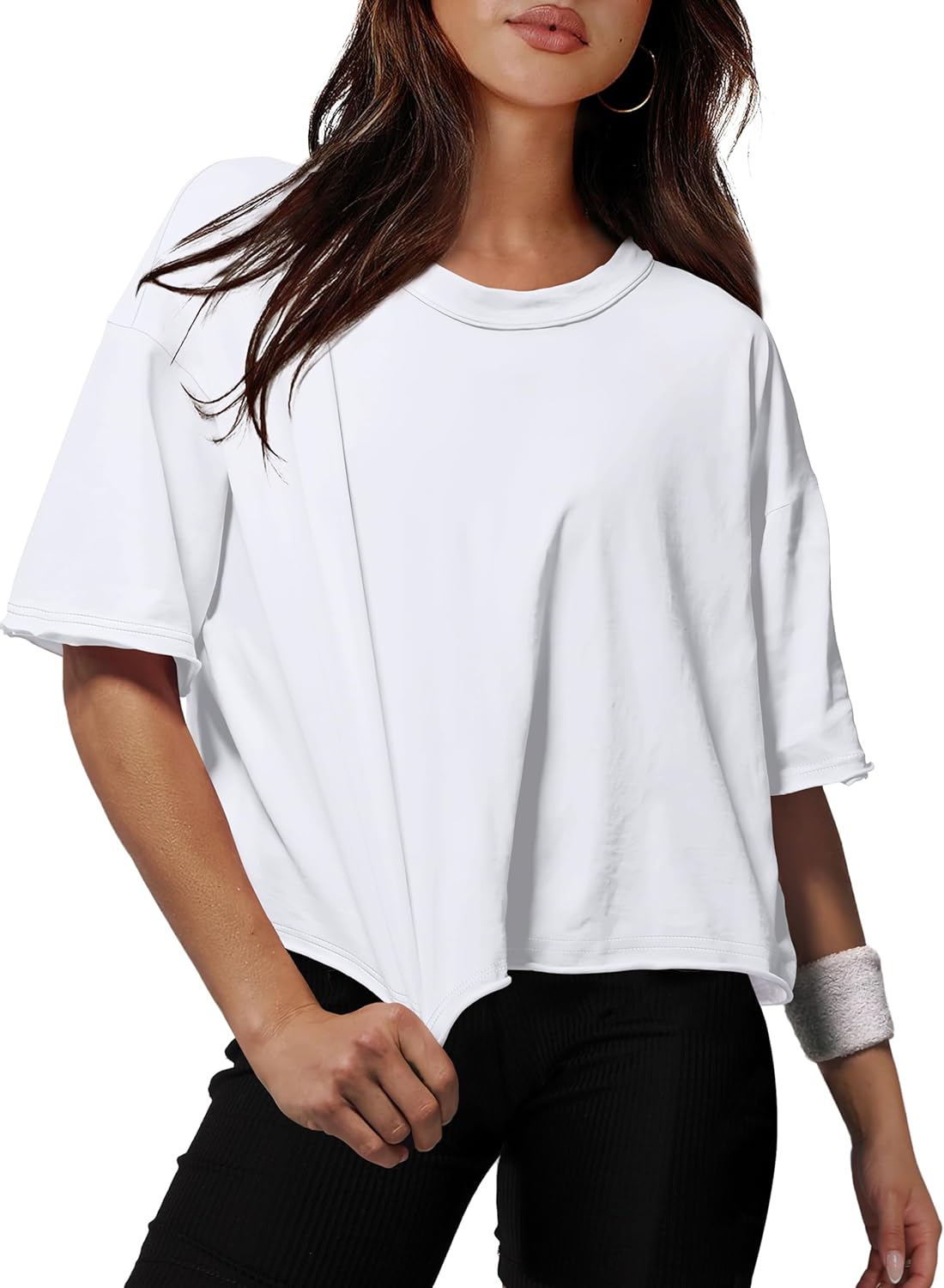 XIEERDUO Cotton Tshirts for Women Drop Shoulder Round Neck Oversized Crop Tops W...