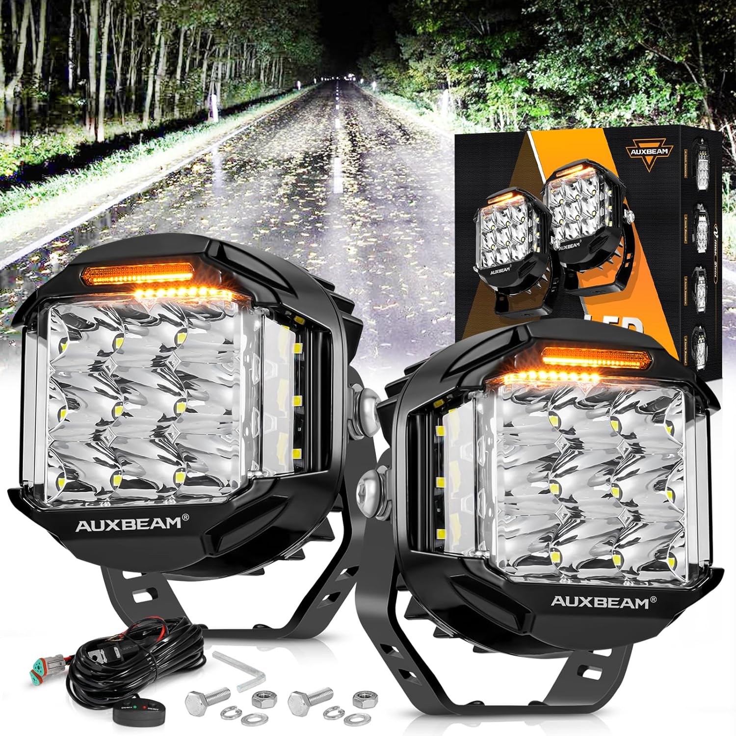 Auxbeam 5" 168W Round LED Offroad Light Pod with Amber Covers, V-MAX Series 1644...