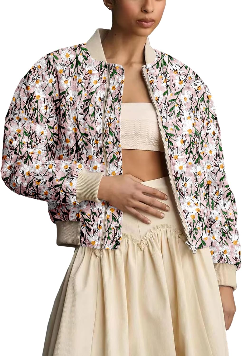 Shiyifa Women's Embroidered Daisy Cropped Bomber Jacket Long Sleeve Zipper Down...