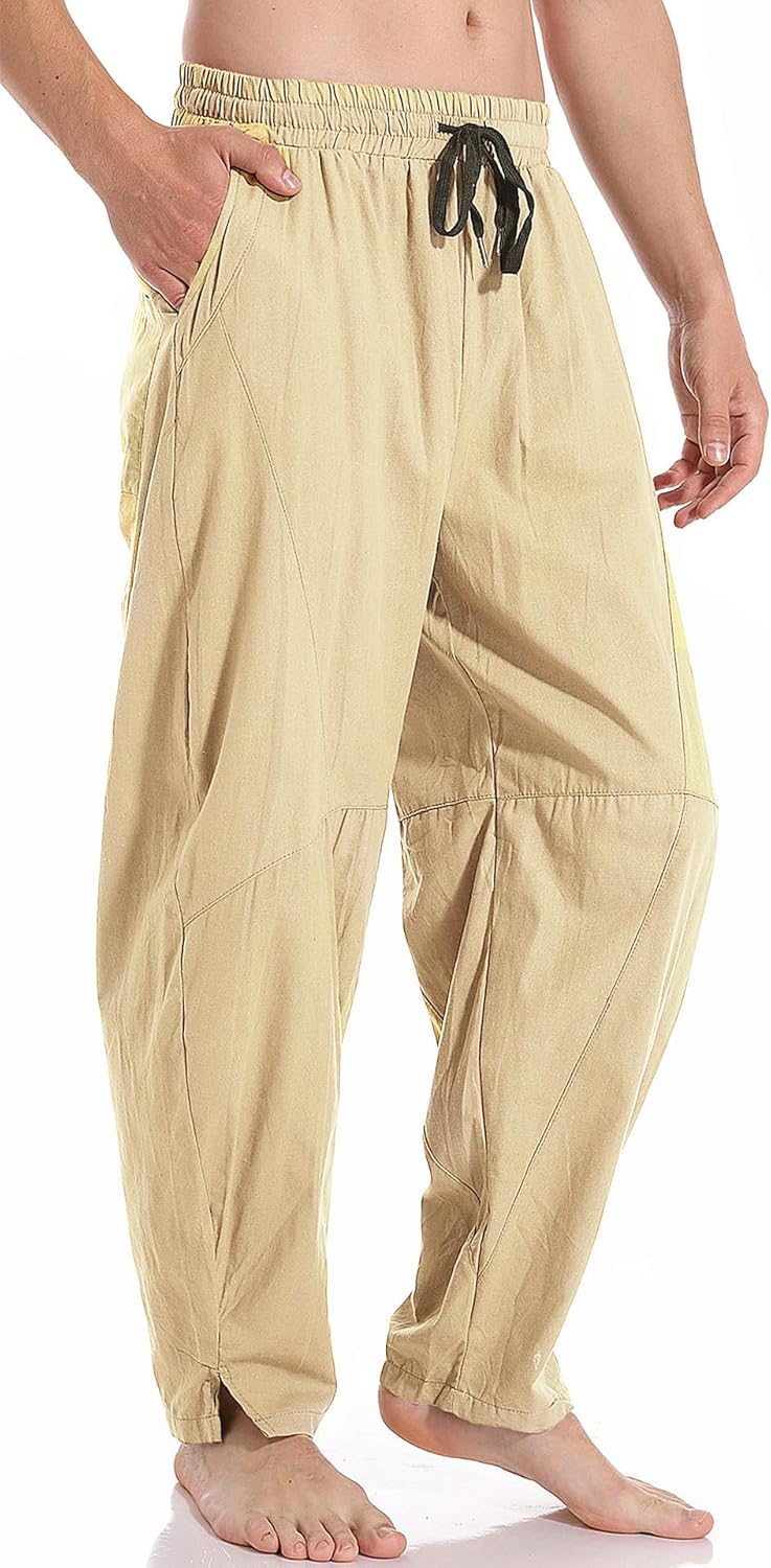 AITFINEISM Mens Cotton Linen Pants Elastic Drawstring Waist Lightweight Summer B...
