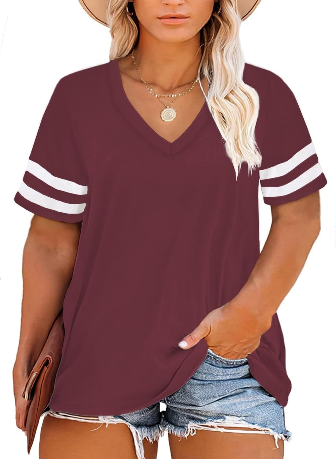 Happy Sailed Womens Plus Size Tunic Tops Summer Short Sleeve V Neck Striped Loos...