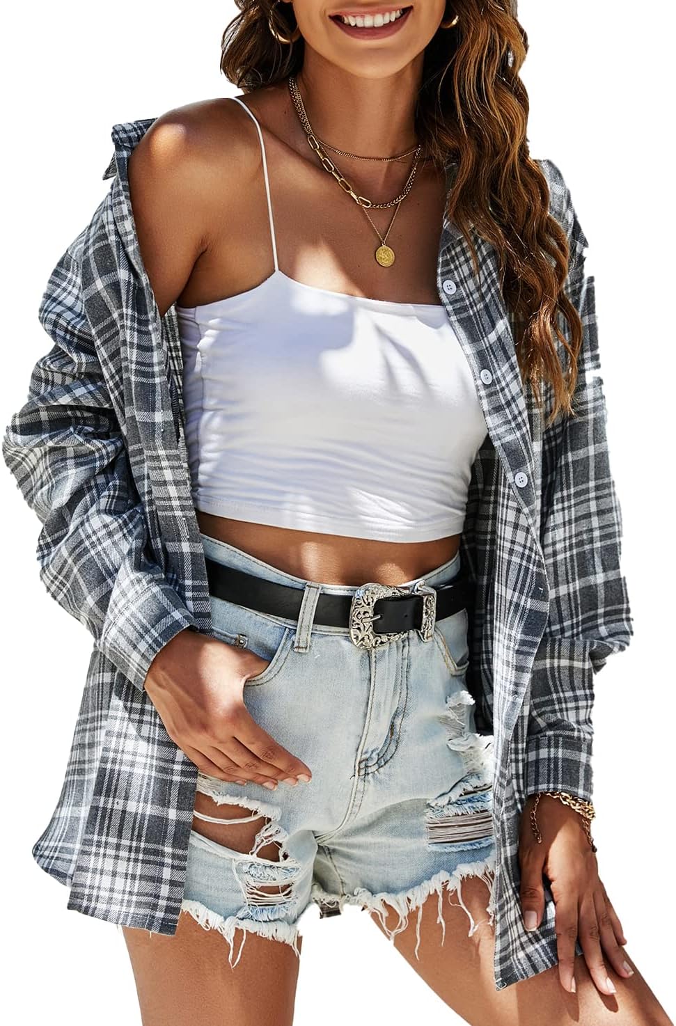 KevaMolly Plaid Flannel Shirts for Women Loose Fit Boyfriend Button Down Shirt L...