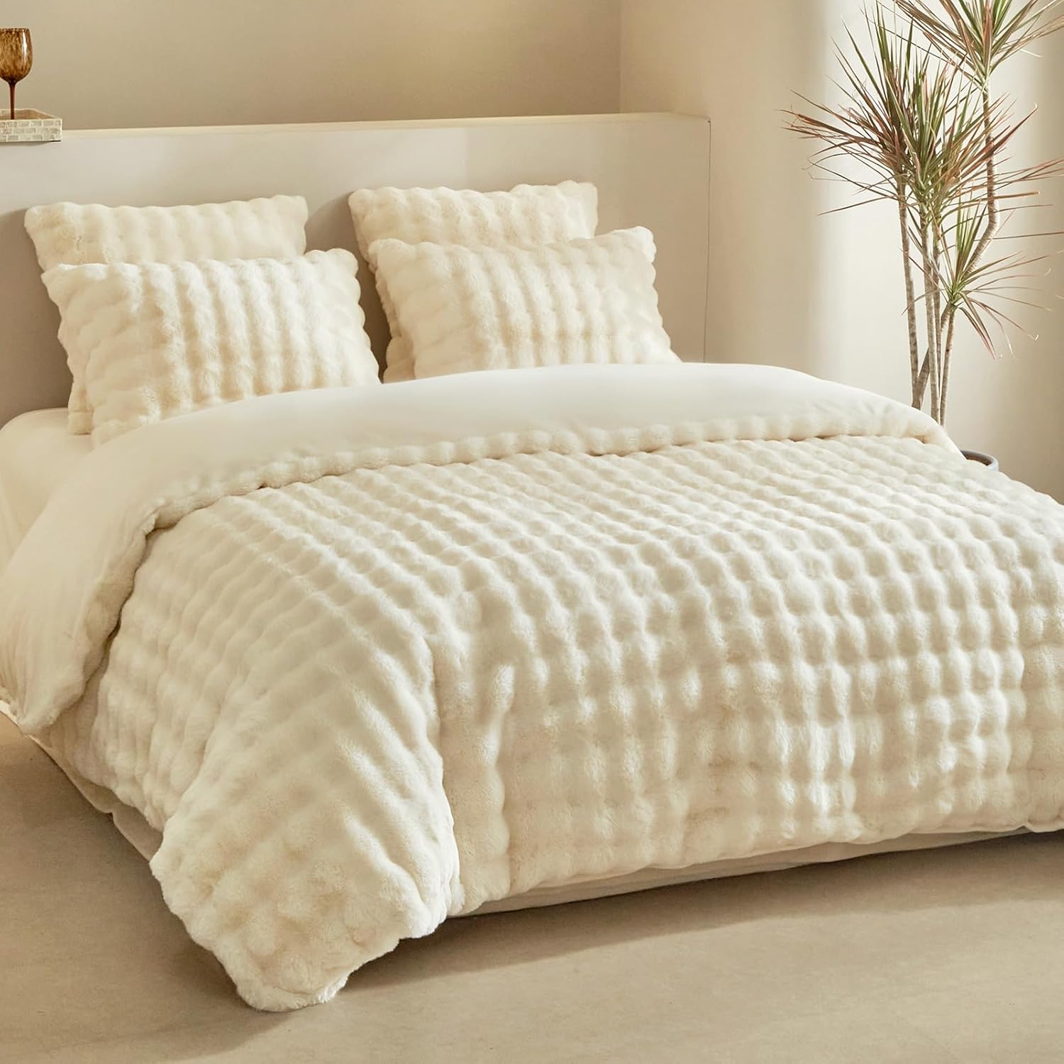 Lekesky Beige Fleece Duvet Cover Set Double, Soft Warm Teddy Fleece Bedding Doub...