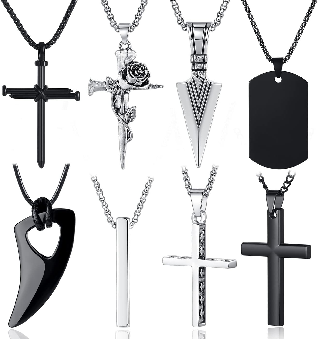 MAIBAOTA 8 Pcs Necklace for Men, Mens Necklaces Jewelry Set, Black and Silver St...