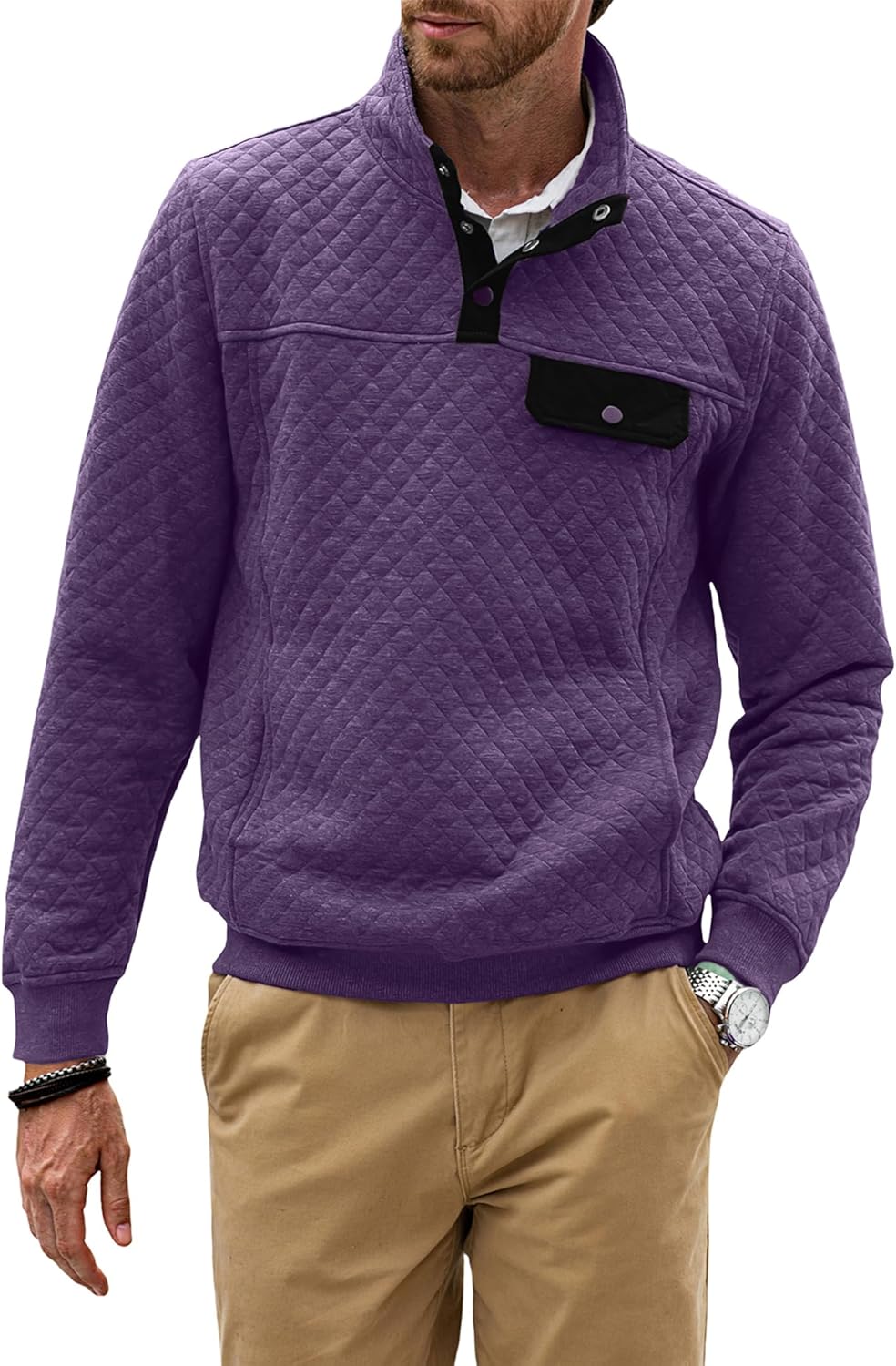 JMIERR Men's Quilted Sweatshirt Casual Long Sleeve Outdoor Stand Collar Button P...