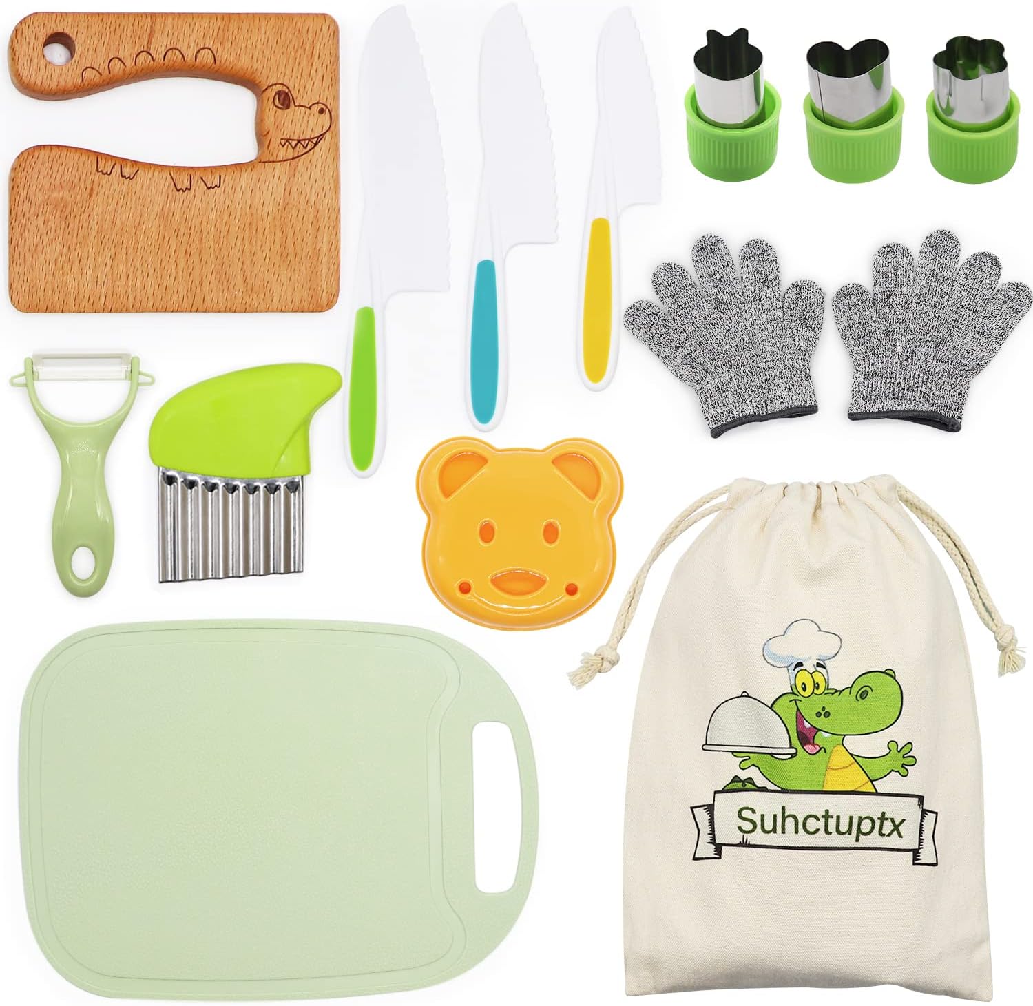 Suhctuptx 14 Pieces Wooden Kids Kitchen Knife Set with Gloves Cutting Board Frui...