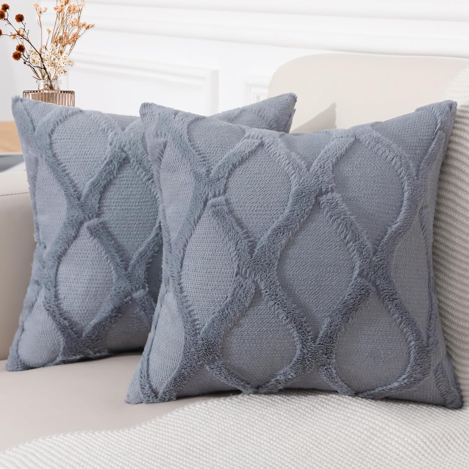 decorUhome Decorative Throw Pillow Covers 18X18 Set of 2, Soft Plush Faux Fur Wo...