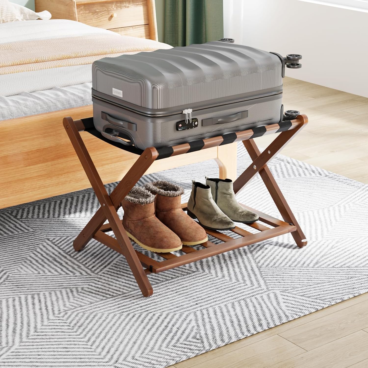 Smuxee Fully Assembled Walnut Luggage Rack, Upgraded Bamboo Foldable Suitcase St...