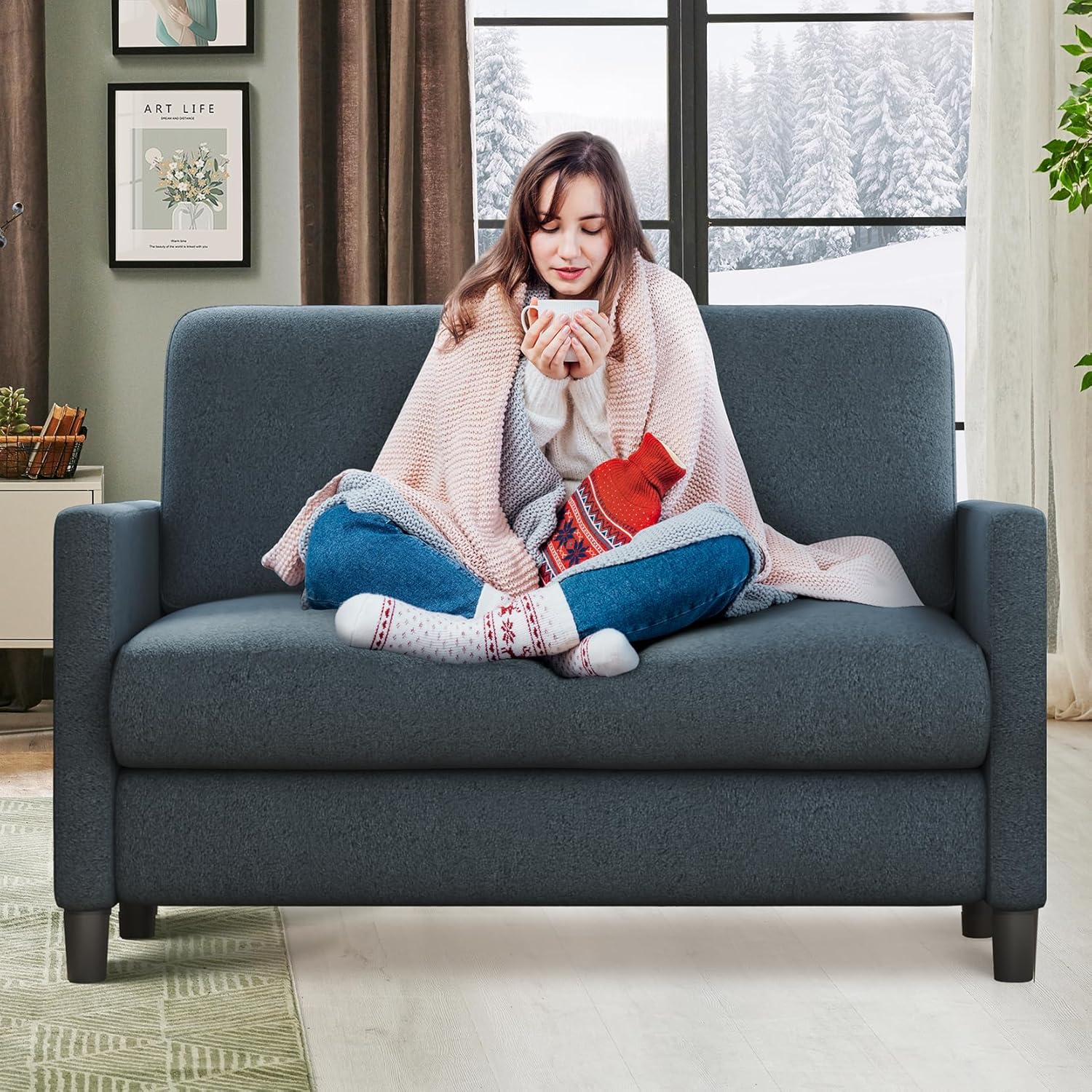 Loveseat Sofa, 51" Small Sofa Couch for Bedroom, Comfy Teddy Love Seat, Tool-fre...