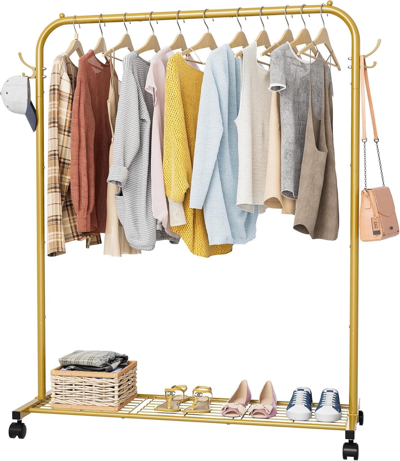 Clothes Rail, Portable Clothes Rack with Hook and Metal Storage Shelf, Heavy Dut...