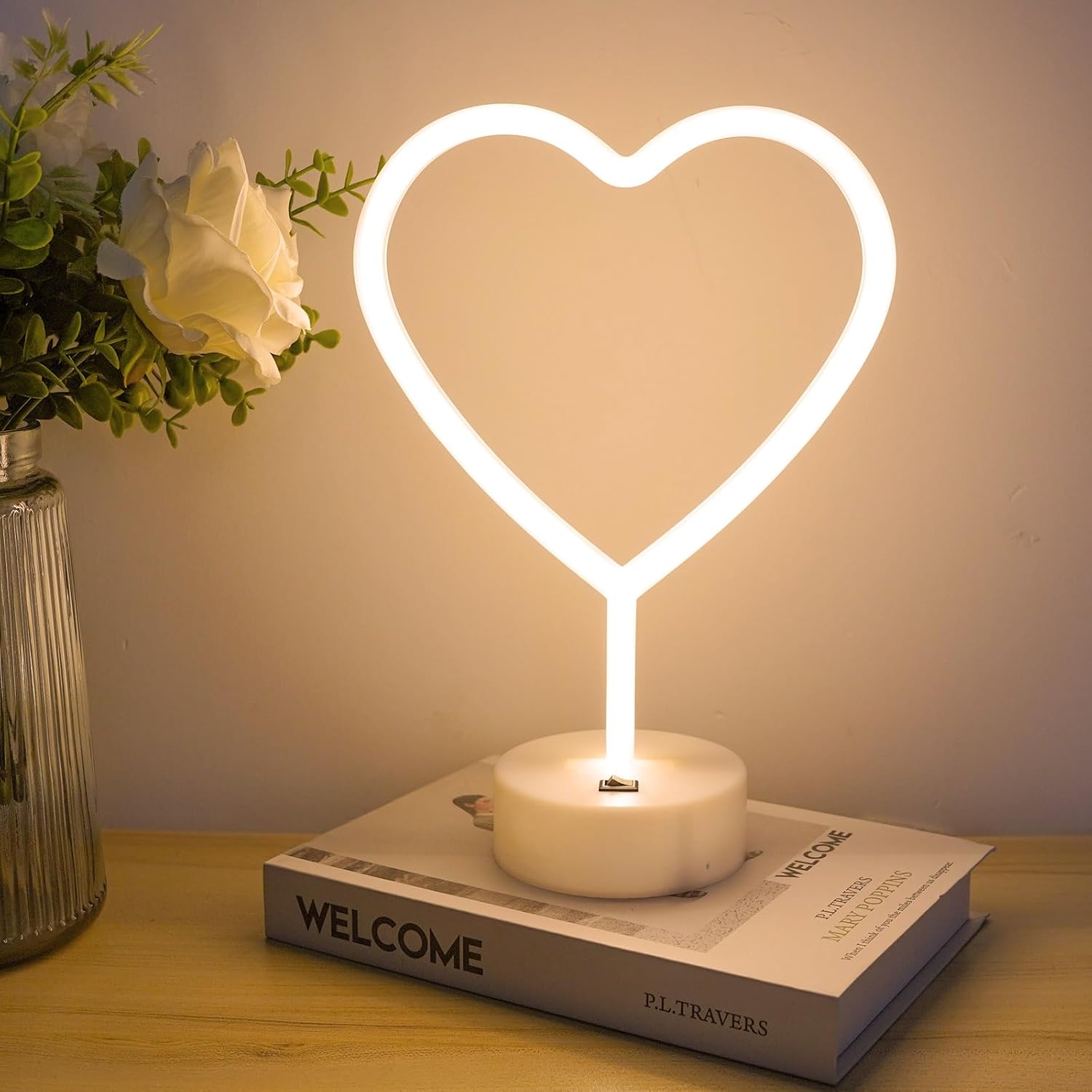BHCLIGHT Warm White Heart Neon Sign, LED Neon Light Battery Operated or USB Powe...