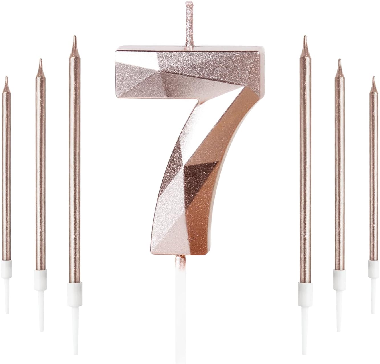 Rose Gold 7th Birthday Candles Set, Number 7 Candle with Rose Gold Long Candles,...