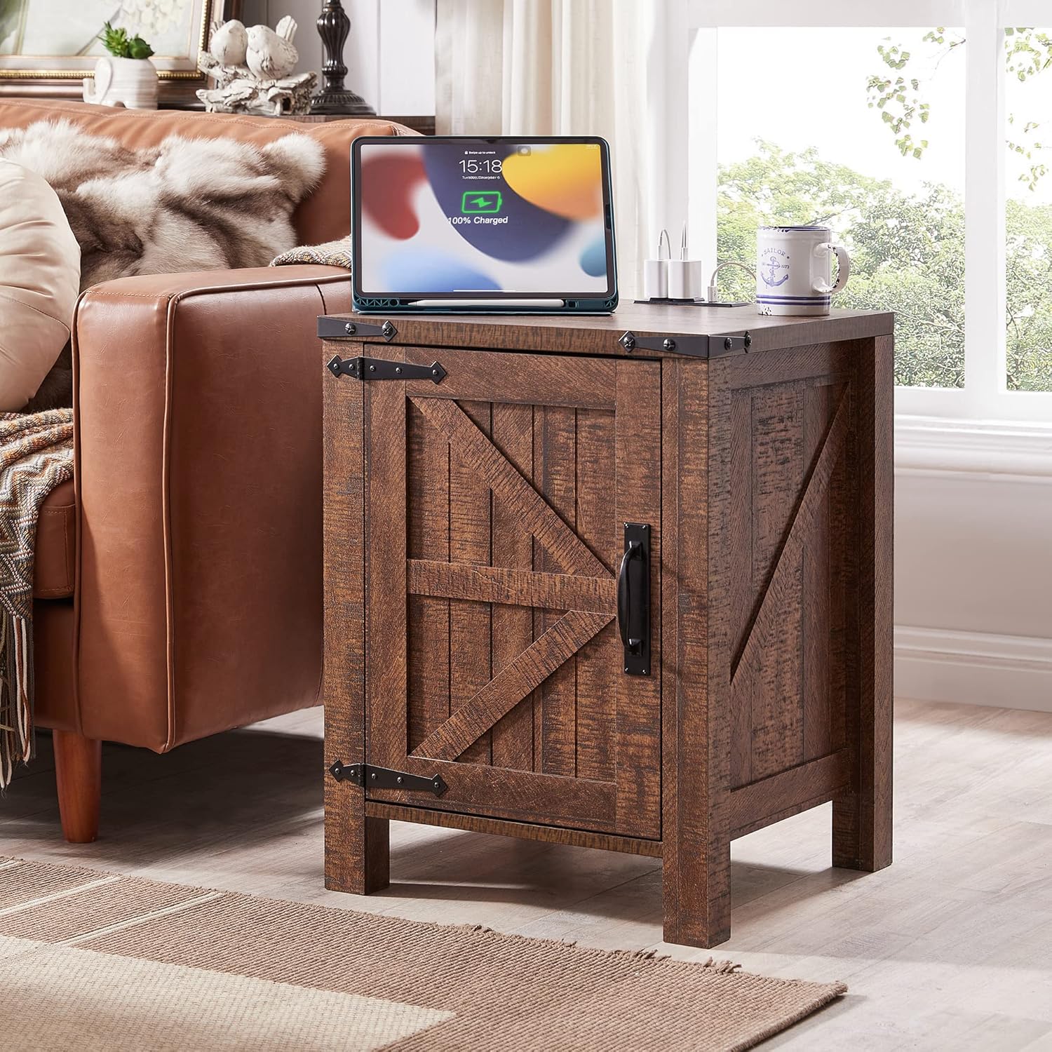 OKD Nightstand w/Charging Station, 18 Inch Farmhouse End Table w/Barn Door and A...