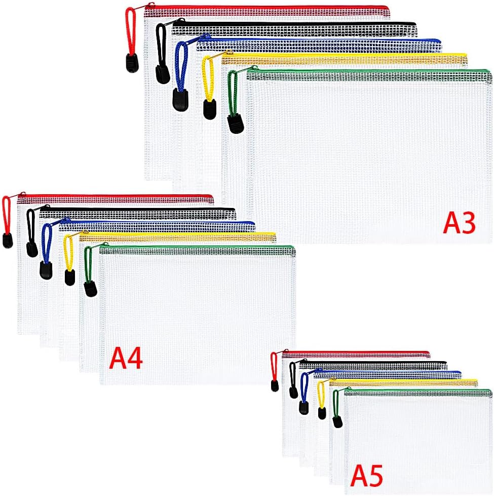 Vicloon Plastic Wallets, 15Pcs A3 A4 A5 Zip Lock Bags, Mesh Document Wallet Docu...